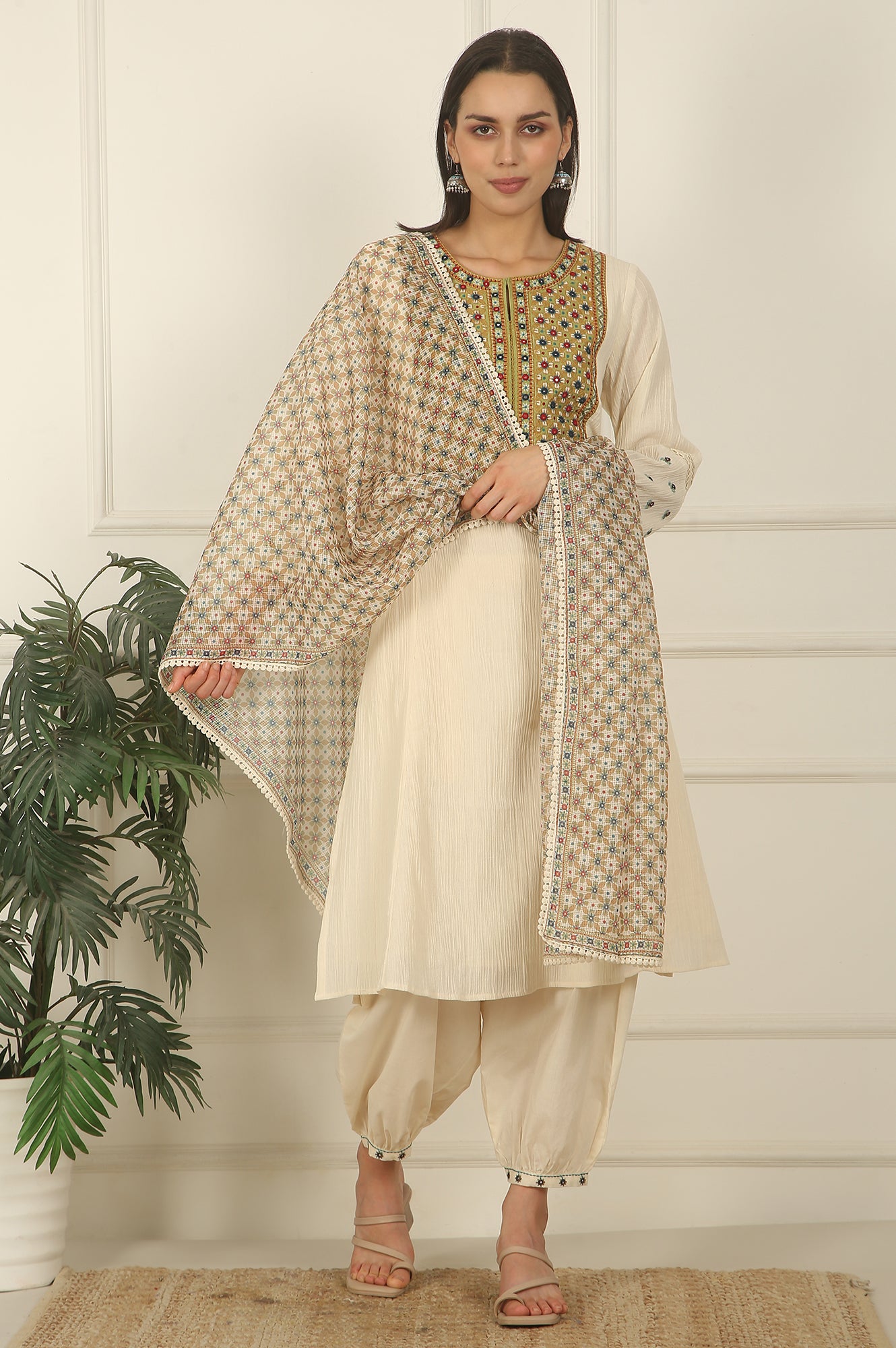 White Embroidered Yoke Cotton Crepe A-line Kurta, Pants and Dupatta Set
