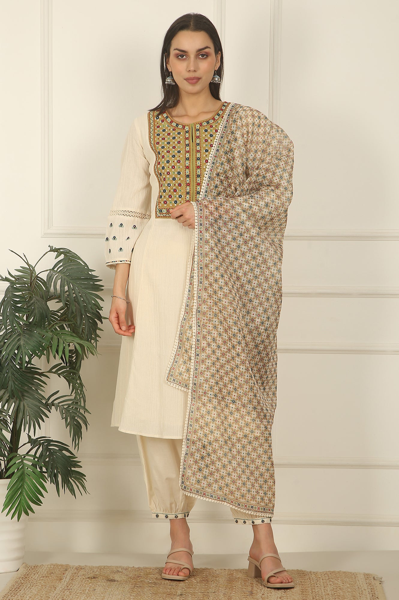 White Embroidered Yoke Cotton Crepe A-line Kurta, Pants and Dupatta Set