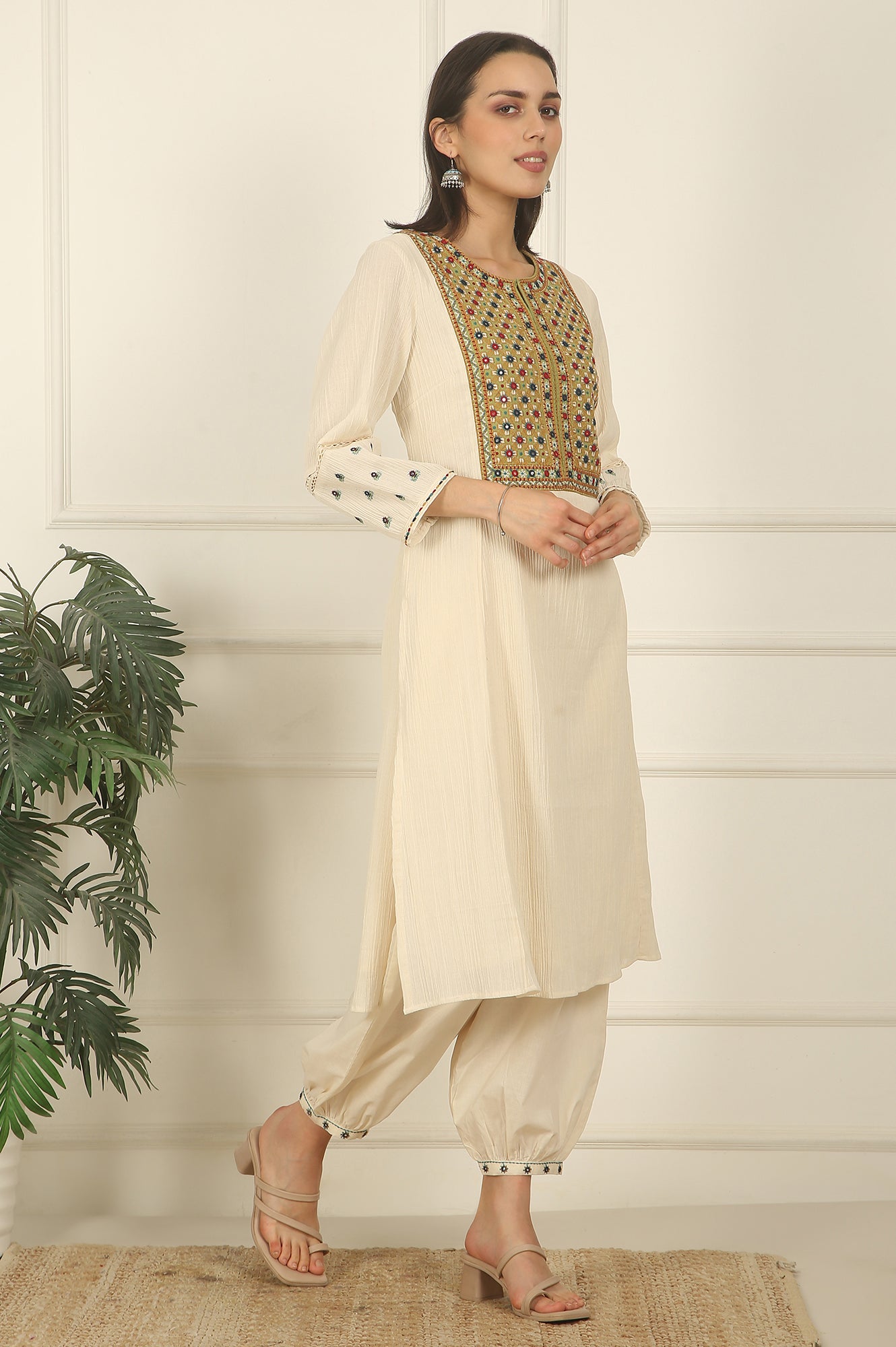 White Embroidered Yoke Cotton Crepe A-line Kurta, Pants and Dupatta Set