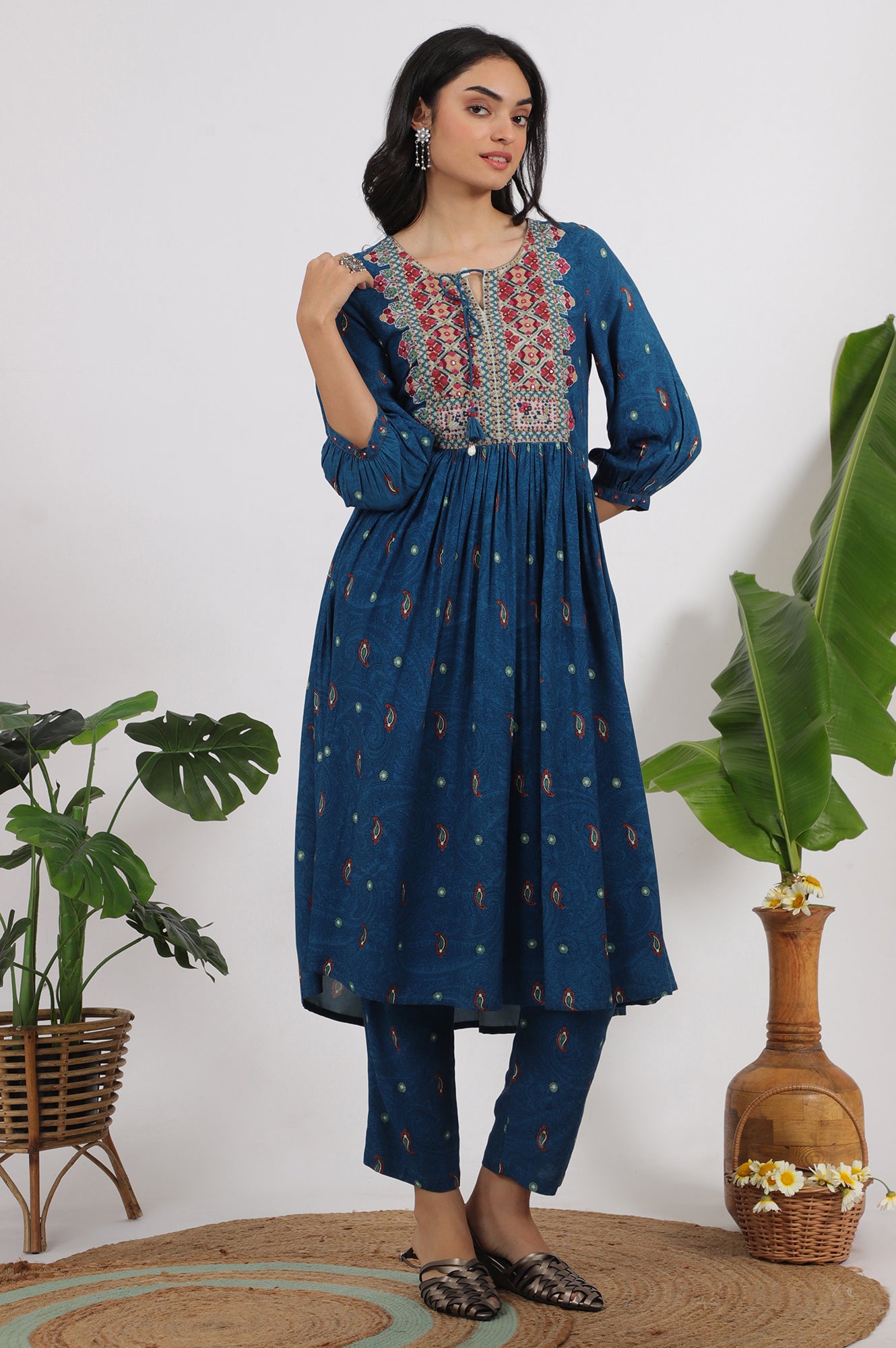 Teal Blue Embroidered Yoke Rayon Kurta, Straight Pants and Dupatta Set