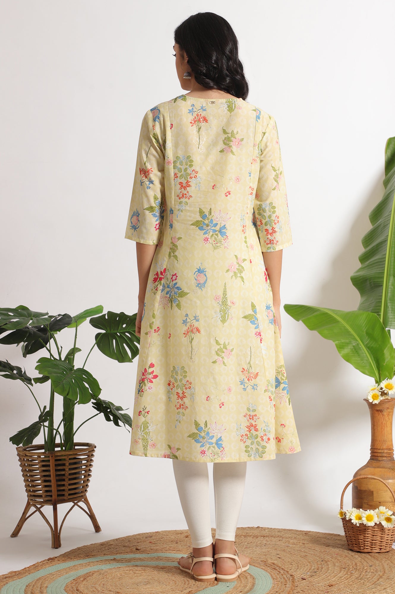Yellow Floral Printed A-line Pure Cotton Kurta and Leggings Set