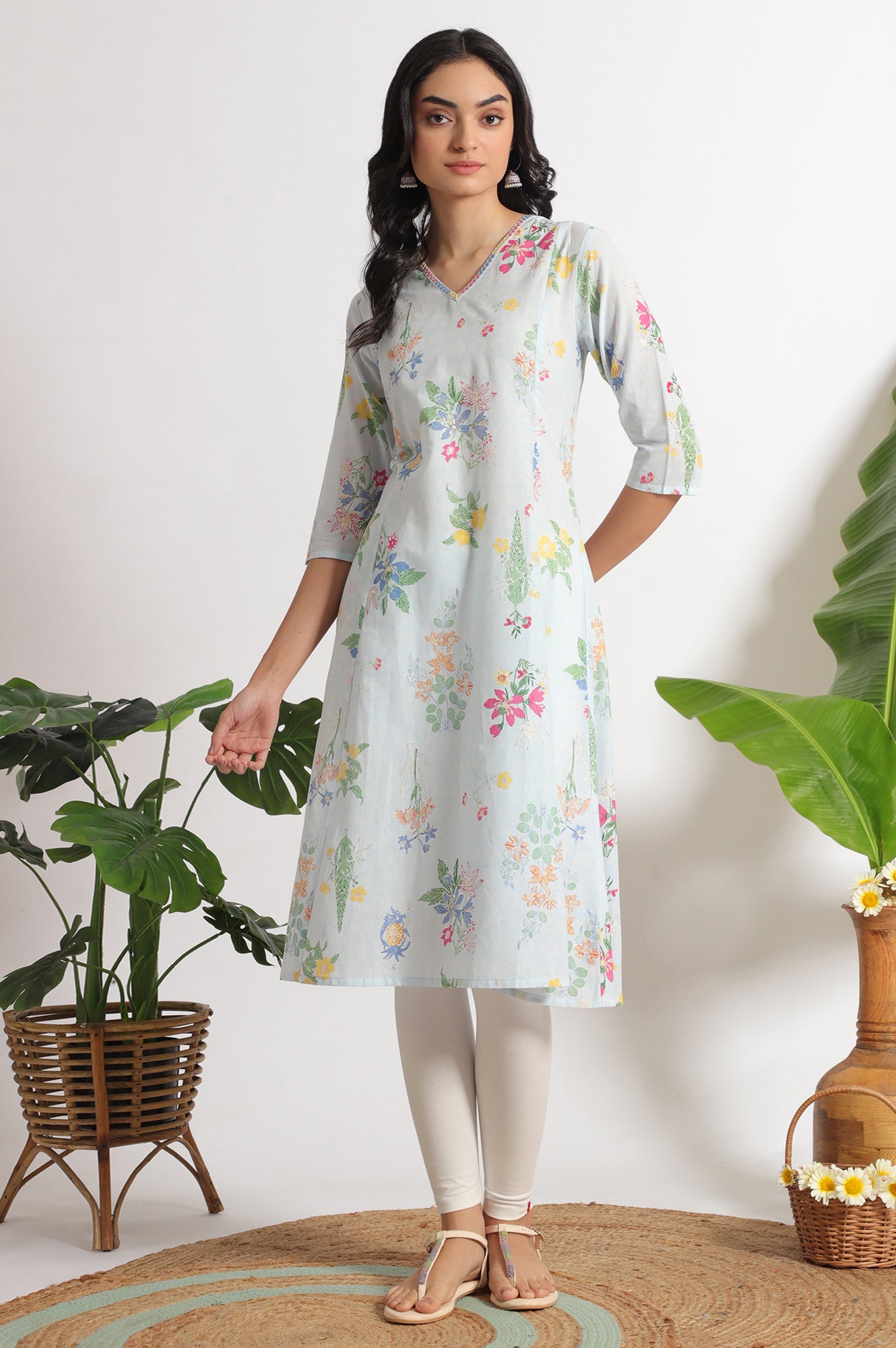 Light Blue Floral Printed A-line Pure Cotton Kurta and Leggings Set