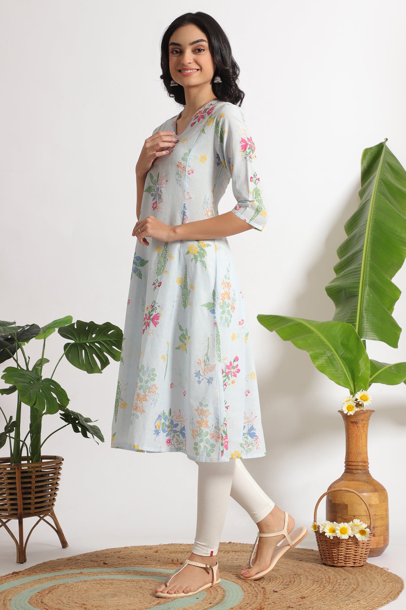 Light Blue Floral Printed A-line Pure Cotton Kurta and Leggings Set