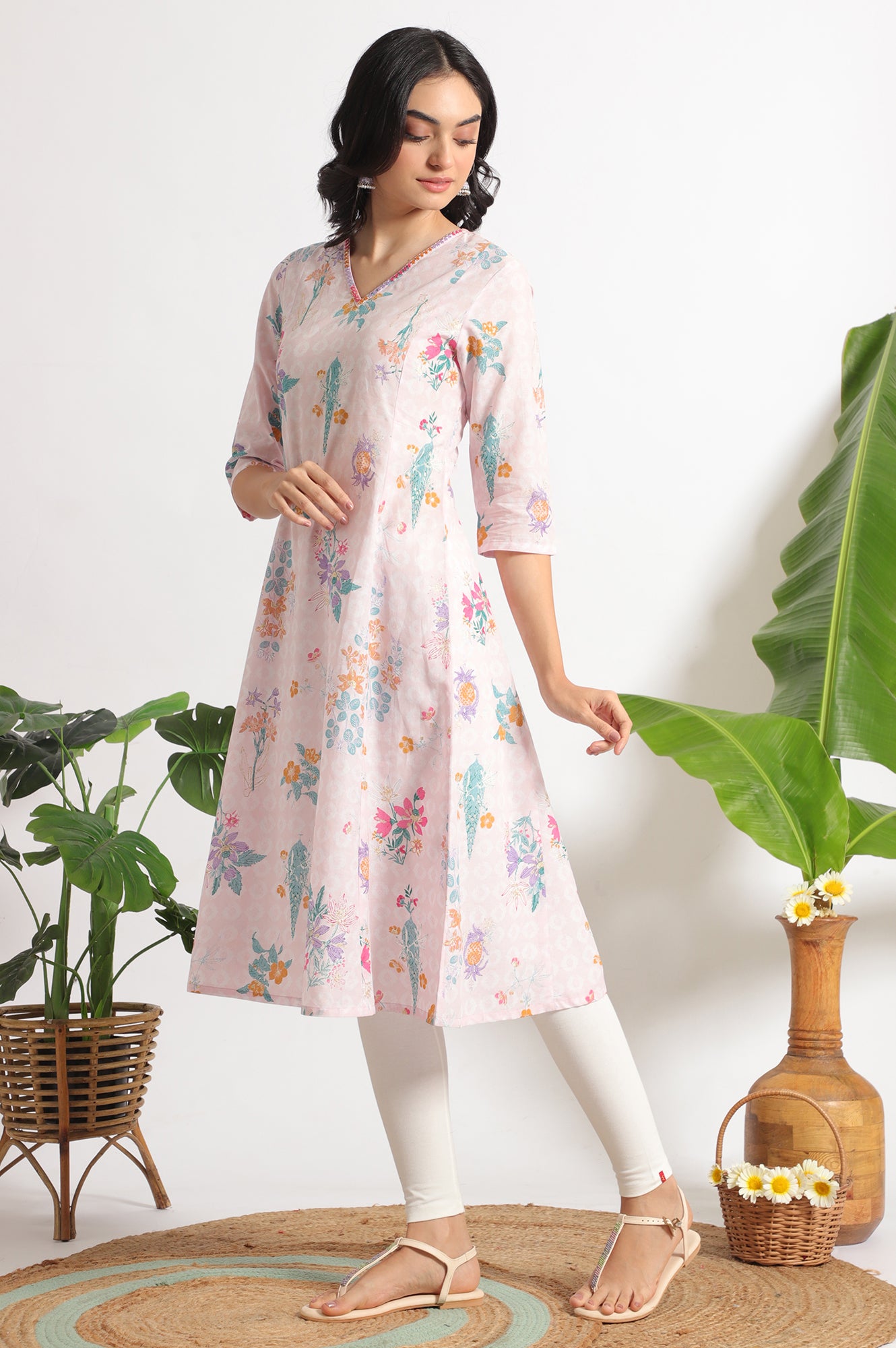 Light Pink Floral Printed A-line Pure Cotton Kurta and Leggings Set
