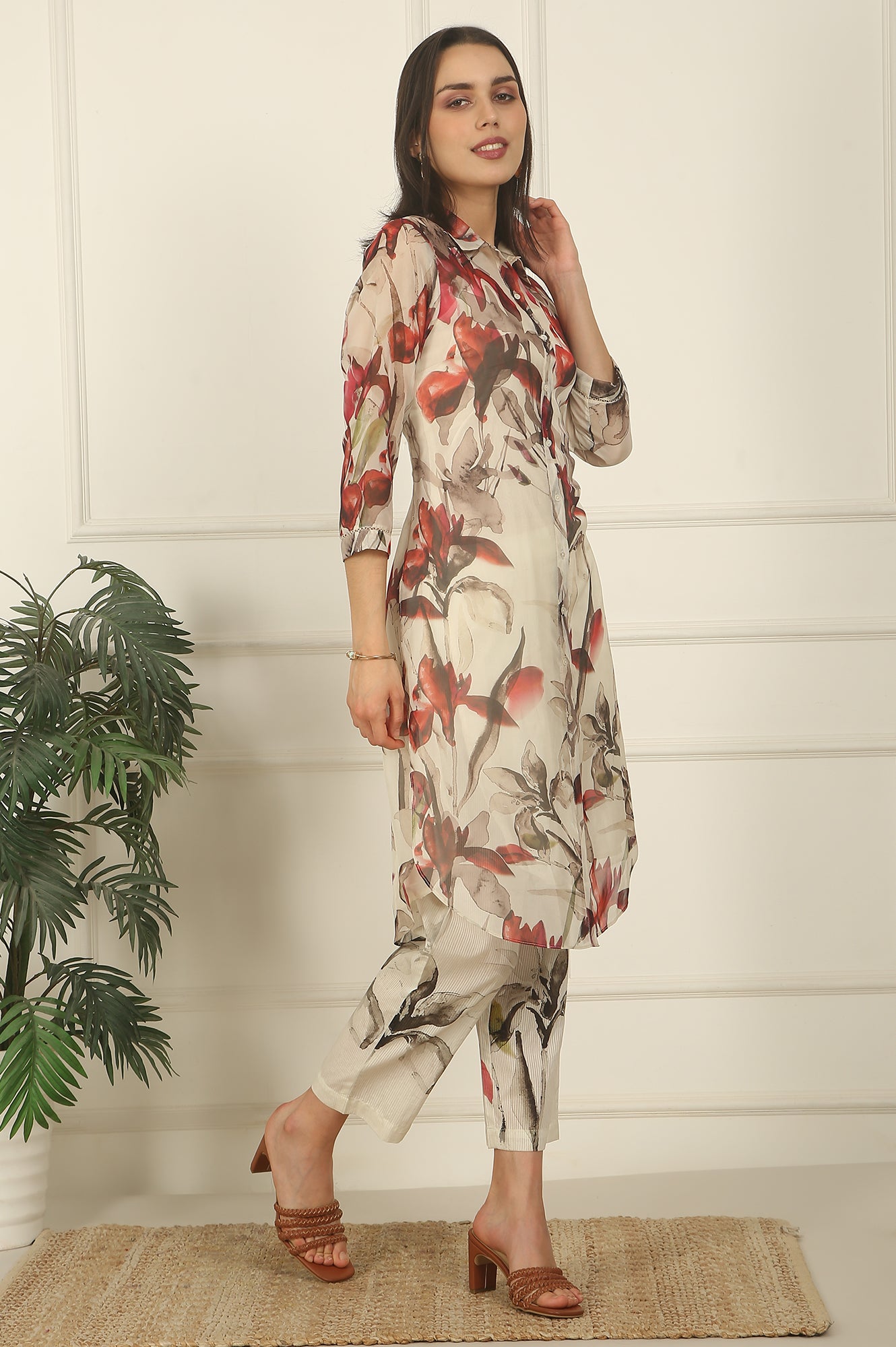 Off-White Floral Printed Organza Shirt Kurta and Pants Co-ord Set