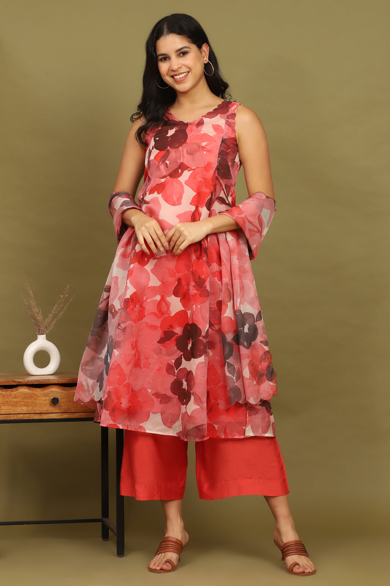 Crimson Red Bold Floral Printed Organza Sleeveless Flared Kurta, Pants and Dupatta Set