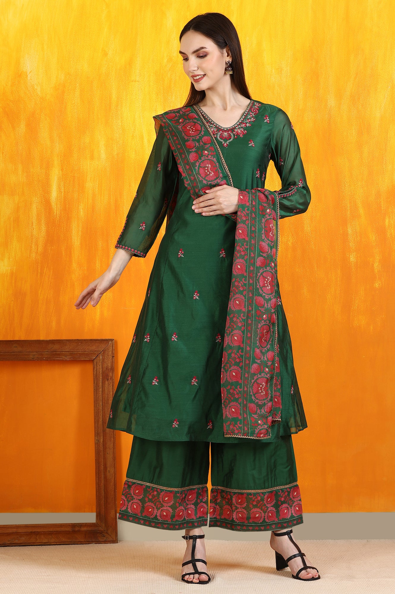 Emerald Green Embroidered Panelled Kurta, Flared Pants and Dupatta Set