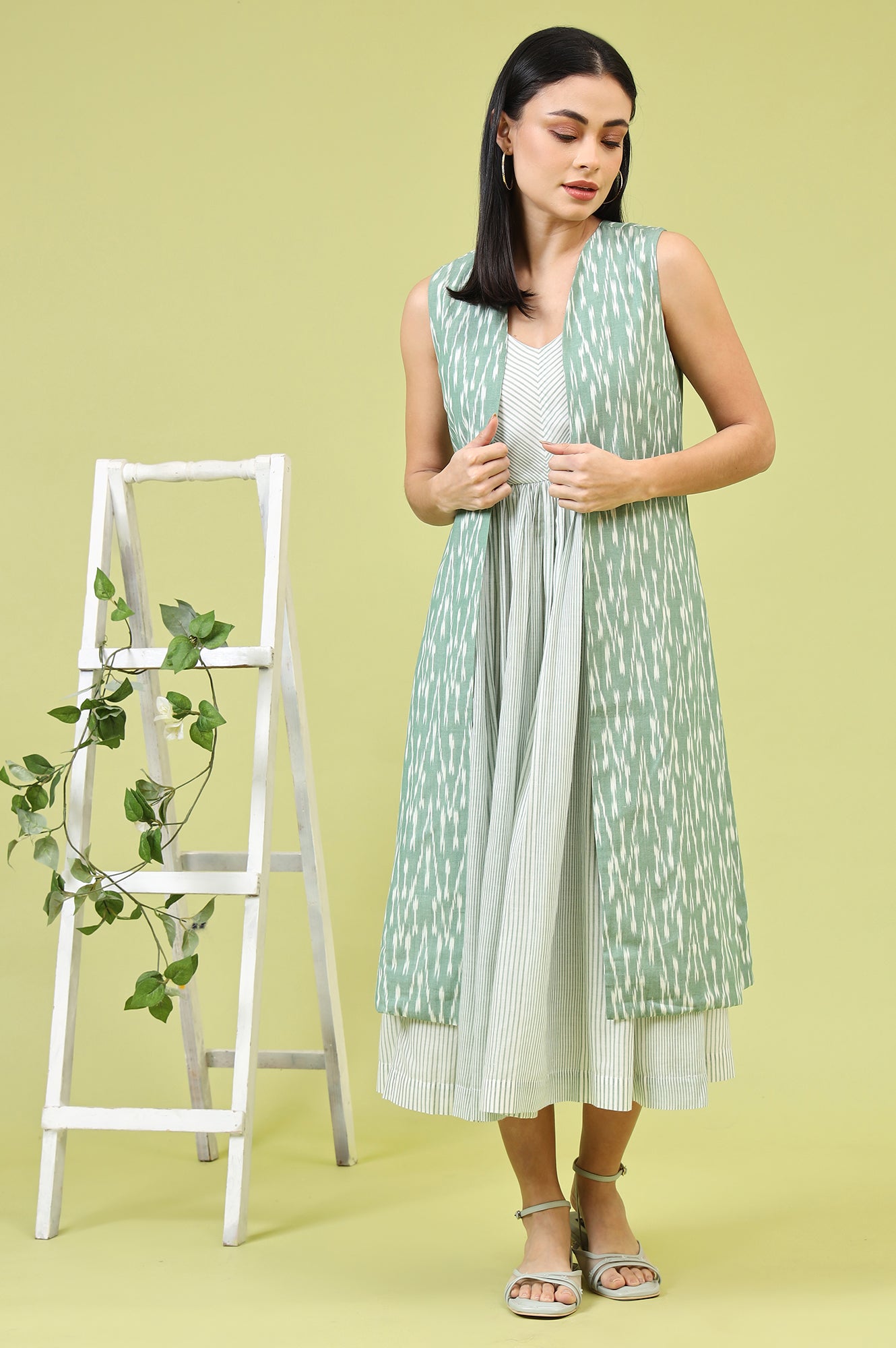 White and Green Geometric Printed Flared Spaghetti Dress and Gilet Set