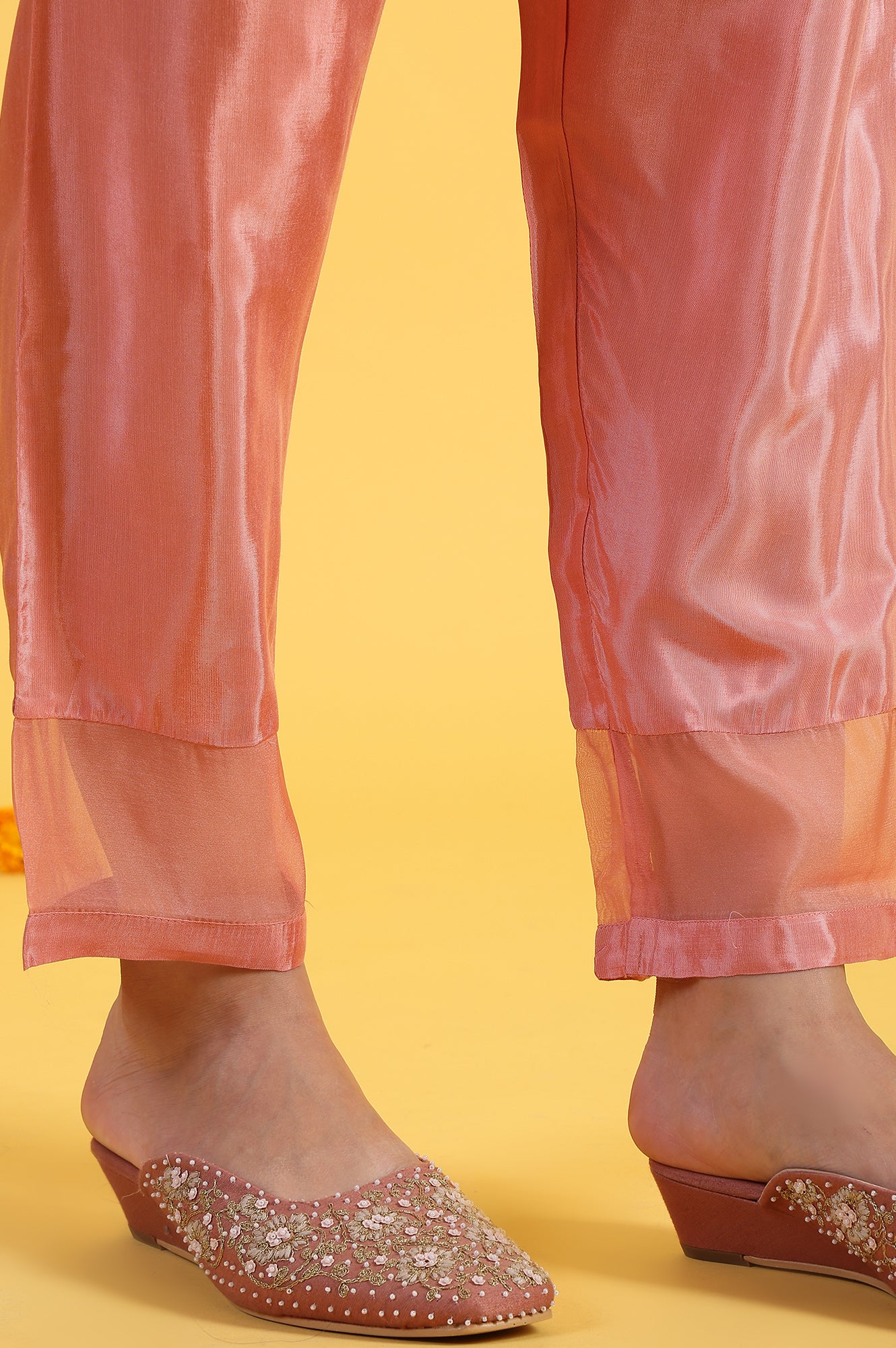 Pink Printed Shantung Straight Kurta, Pants and Dupatta Set