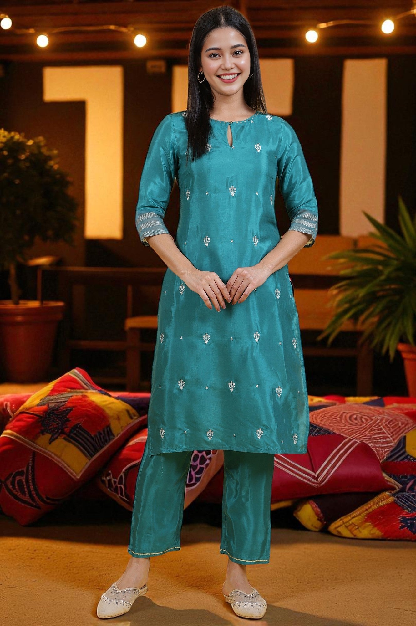 Green Embroidered Rayon Straight Kurta and Straight Pants Set