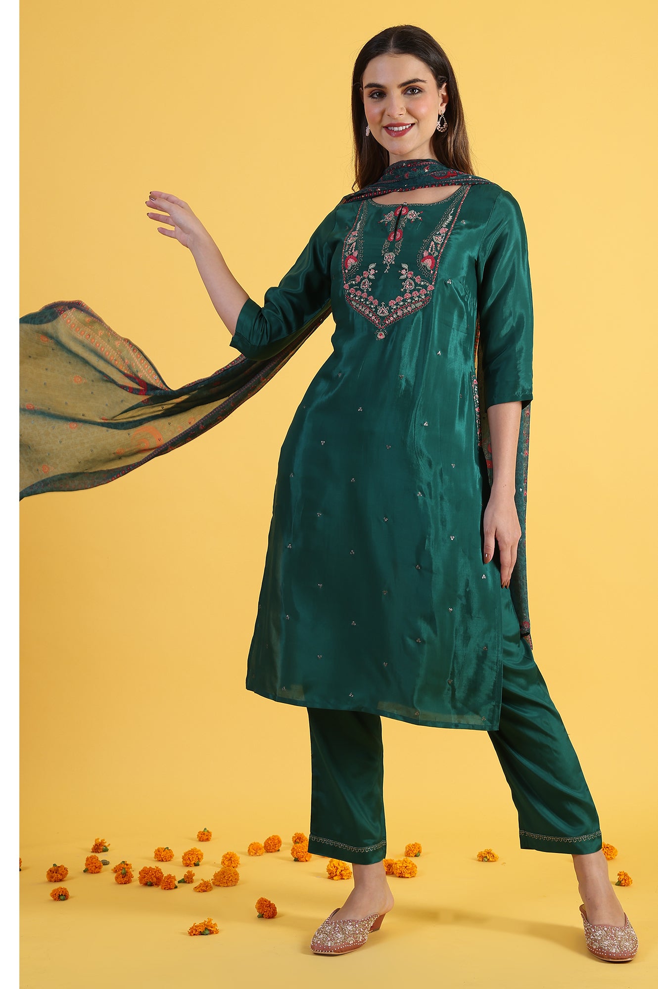 Green Thread Embroidered Straight Kurta and Pants Set with Dupatta