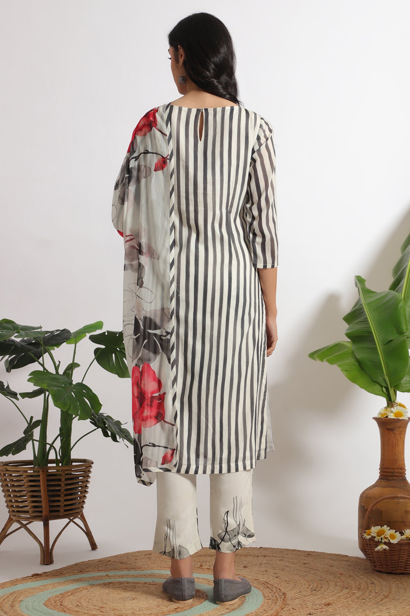 White and Black Embroidered Striped Cotton Crepe Kurta and Straight Pants and Dupatta Set