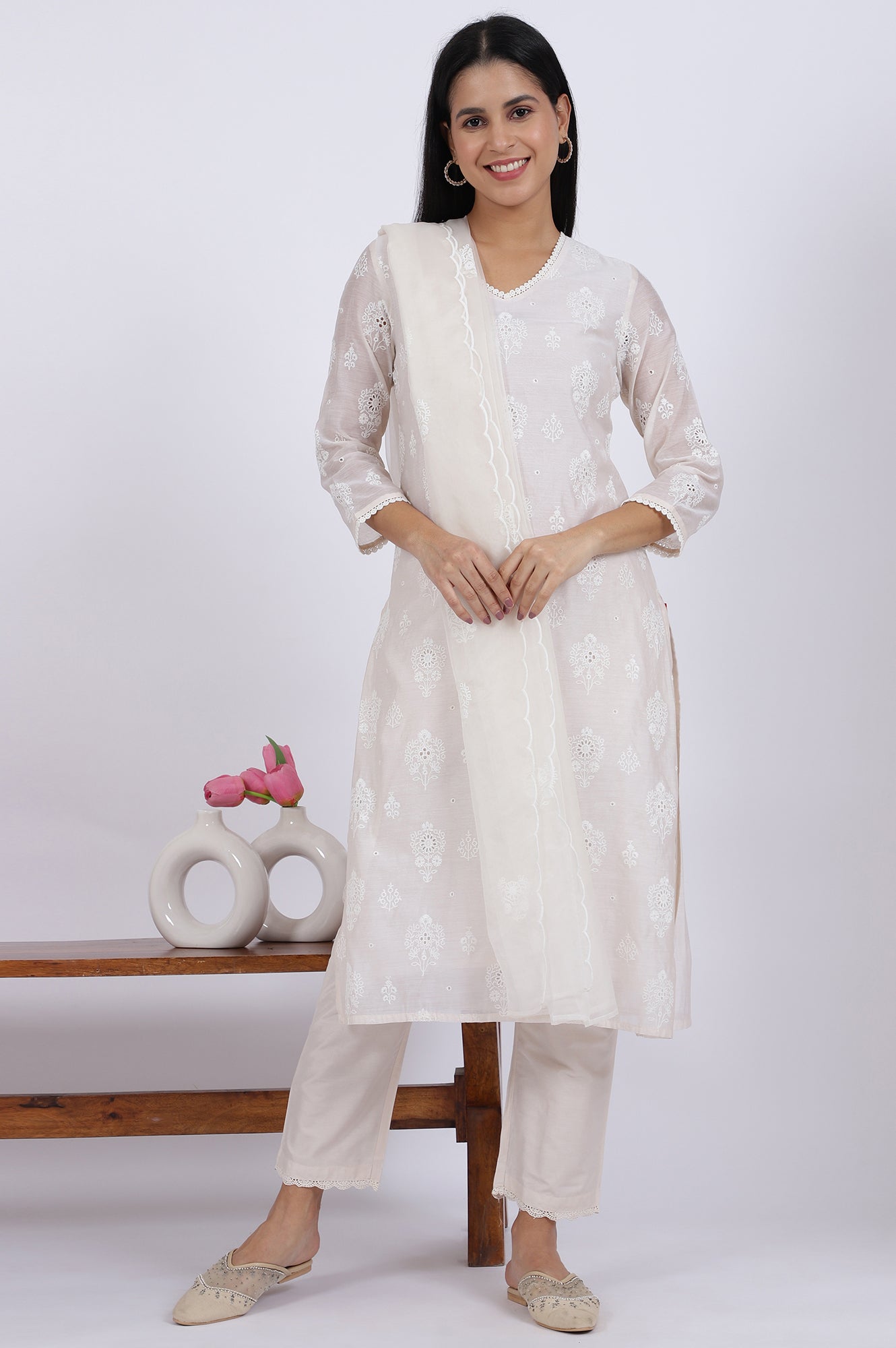 White Embroidered Lace Chanderi Straight Kurta & Straight Pant With Dupatta Set