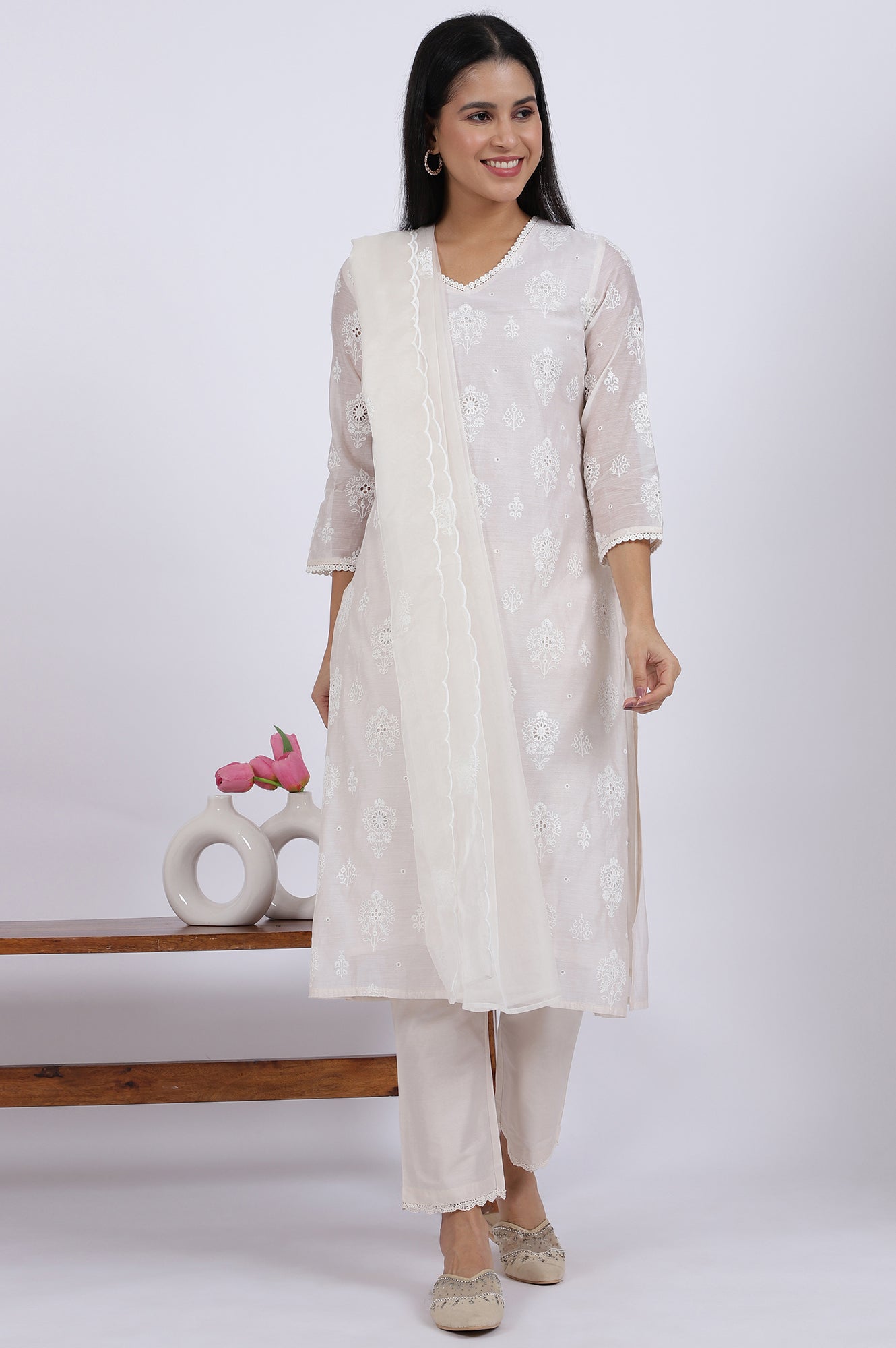 White Embroidered Lace Chanderi Straight Kurta & Straight Pant With Dupatta Set
