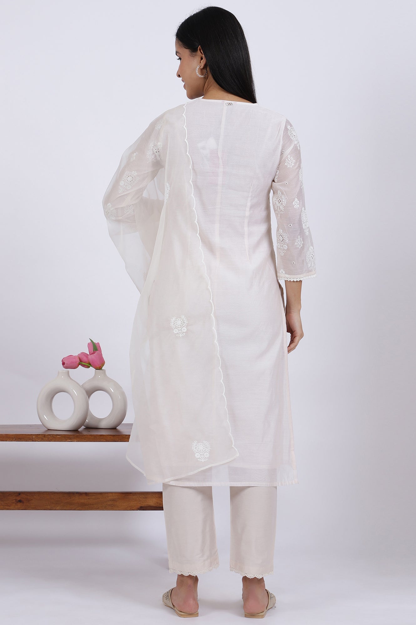 White Embroidered Lace Chanderi Straight Kurta & Straight Pant With Dupatta Set