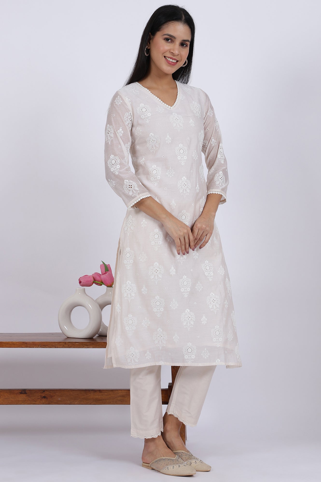 White Embroidered Lace Chanderi Straight Kurta & Straight Pant With Dupatta Set