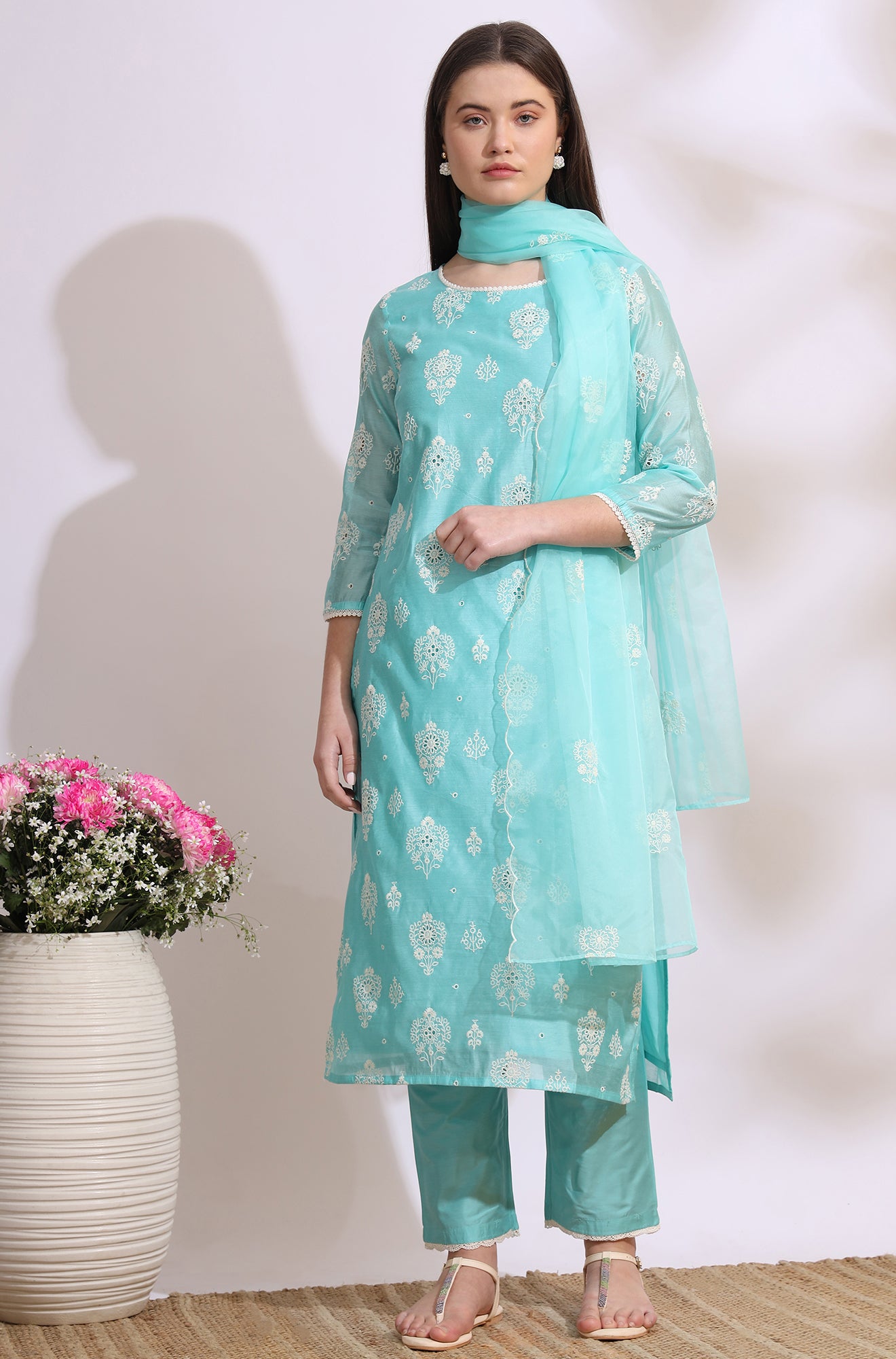 Turquiose Blue Schiffli Embroidered Straight Kurta, Pants and Dupatta Set