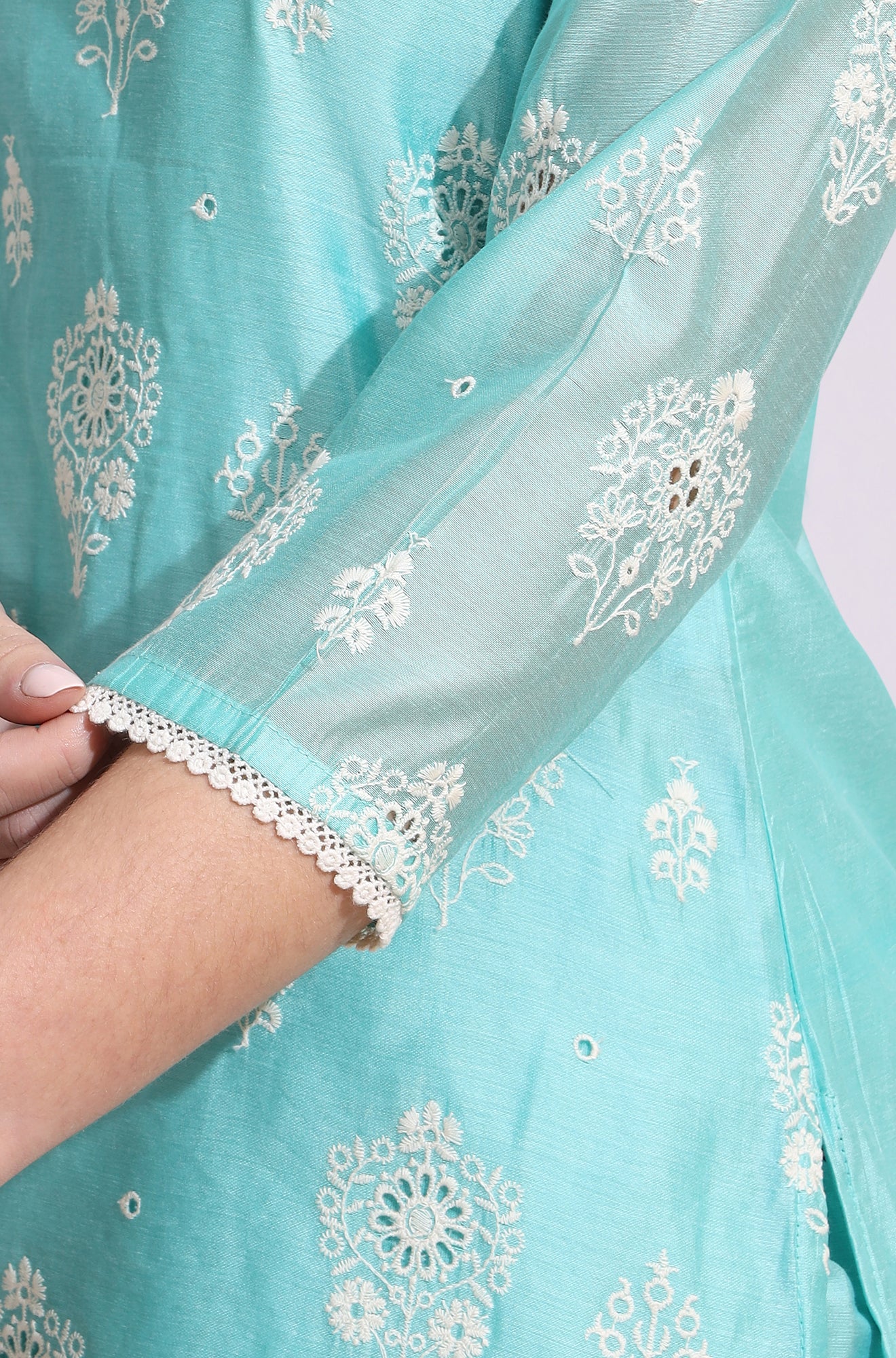 Turquiose Blue Schiffli Embroidered Straight Kurta, Pants and Dupatta Set