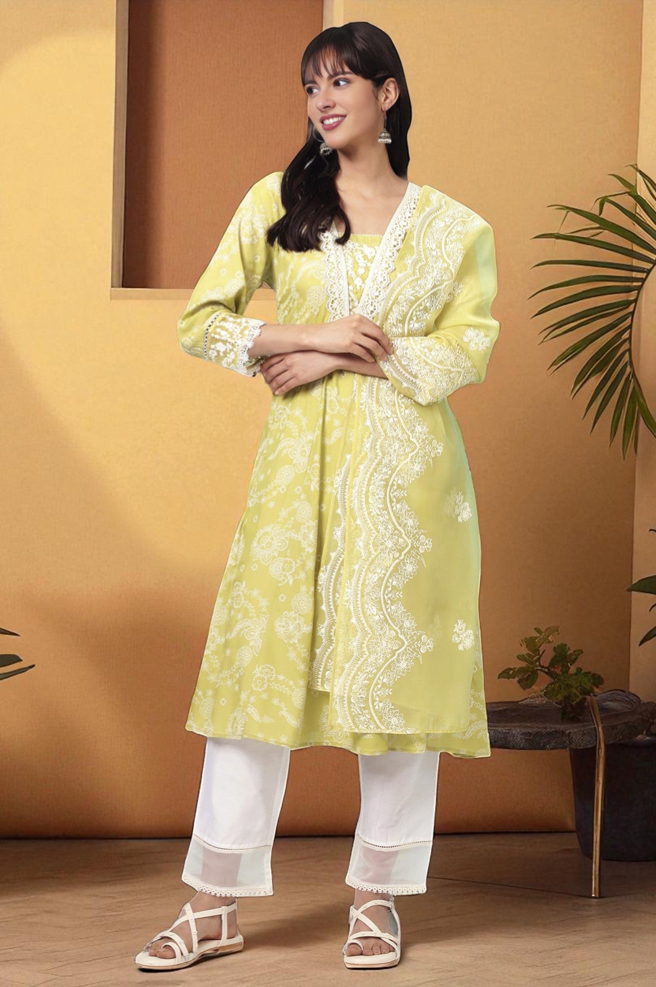 Green Sequins Floral Printed Shantung Anarkali Kurta with Leggings and Dupatta Set