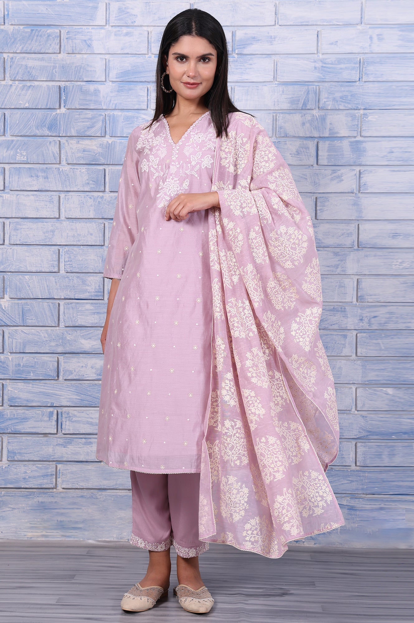 Purple Thread Embroidered Chanderi A-Line Kurta, Straight Pant And Dupatta Set