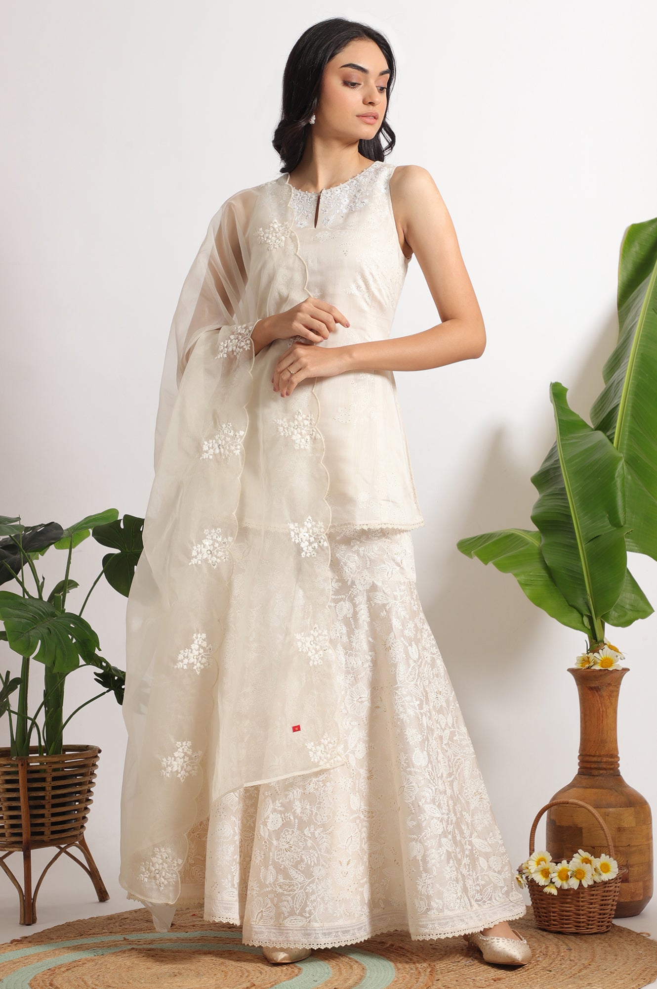 White Printed Chanderi Short Kurta, Sharara and Dupatta Set