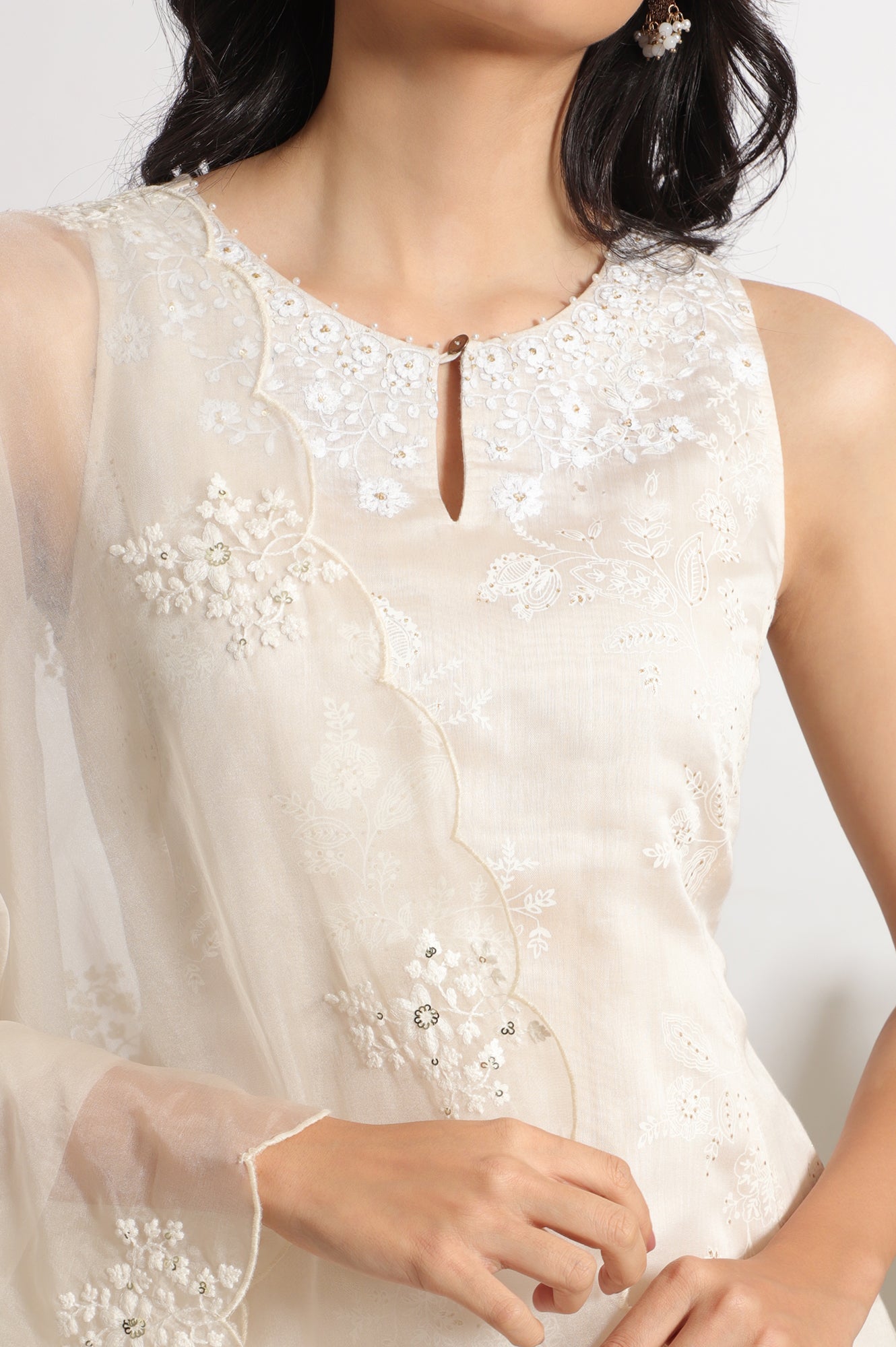 White Printed Chanderi Short Kurta, Sharara and Dupatta Set