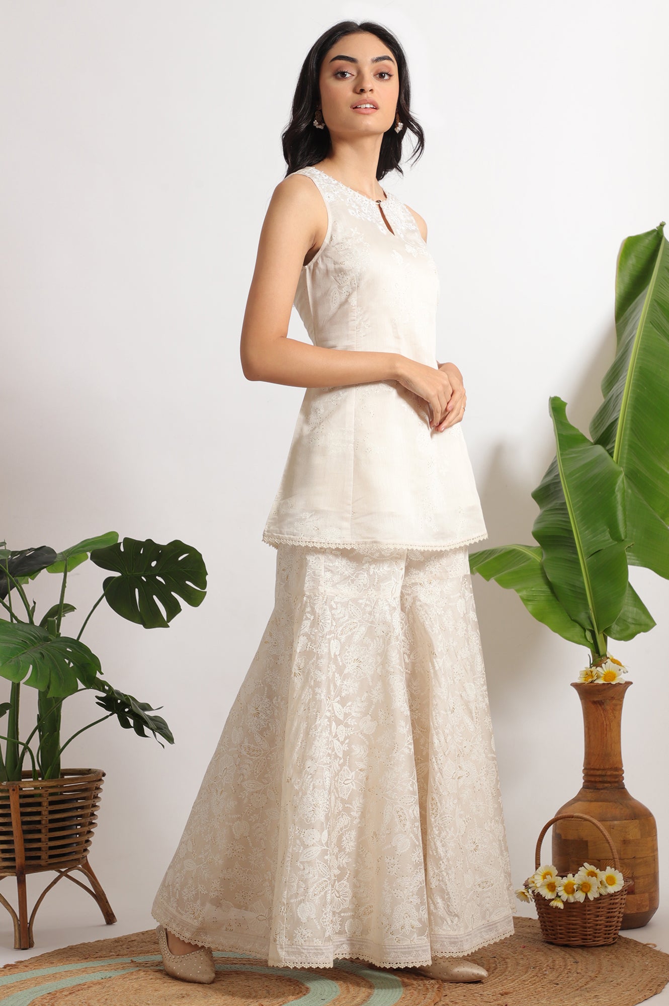 White Printed Chanderi Short Kurta, Sharara and Dupatta Set