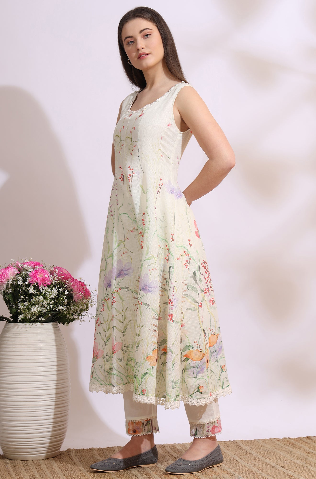 Cream Floral Printed Kota Sleeveless Anarkali Kurta, Pants and Dupatta Set