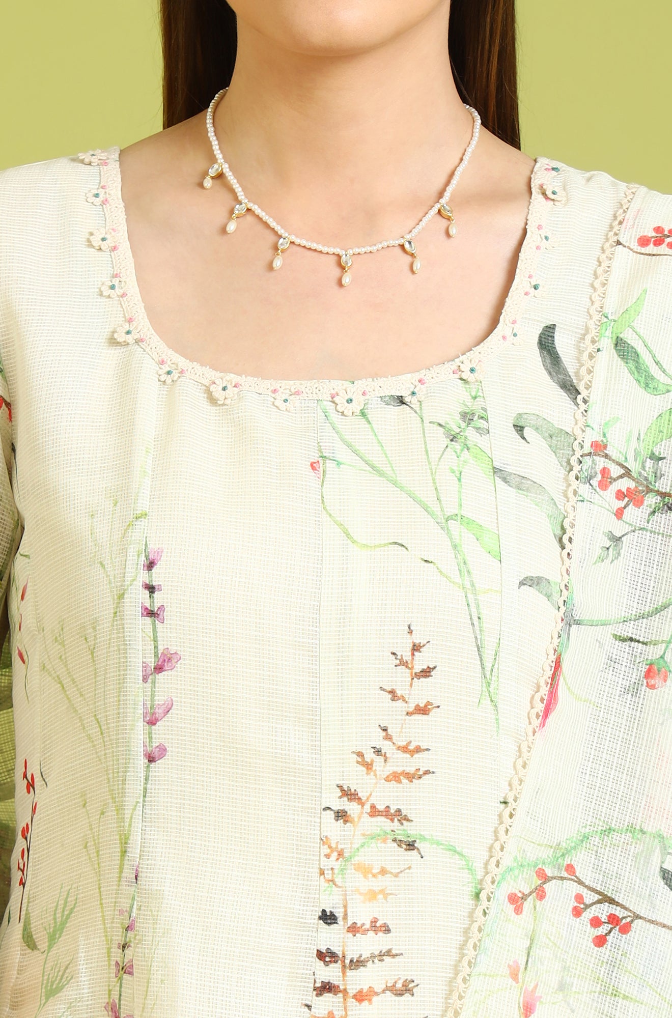 Cream Floral Printed Kota Anarkali Kurta, Pants and Dupatta Set