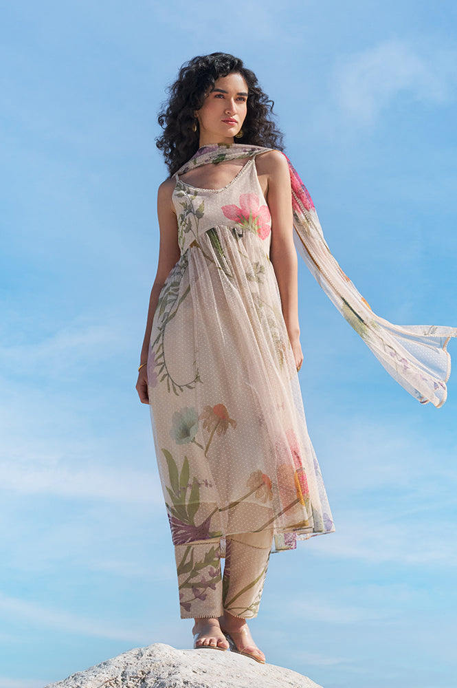 White Abstract Printed Pure Cotton Spaghetti Kurta, Flared Pants and Dupatta Set