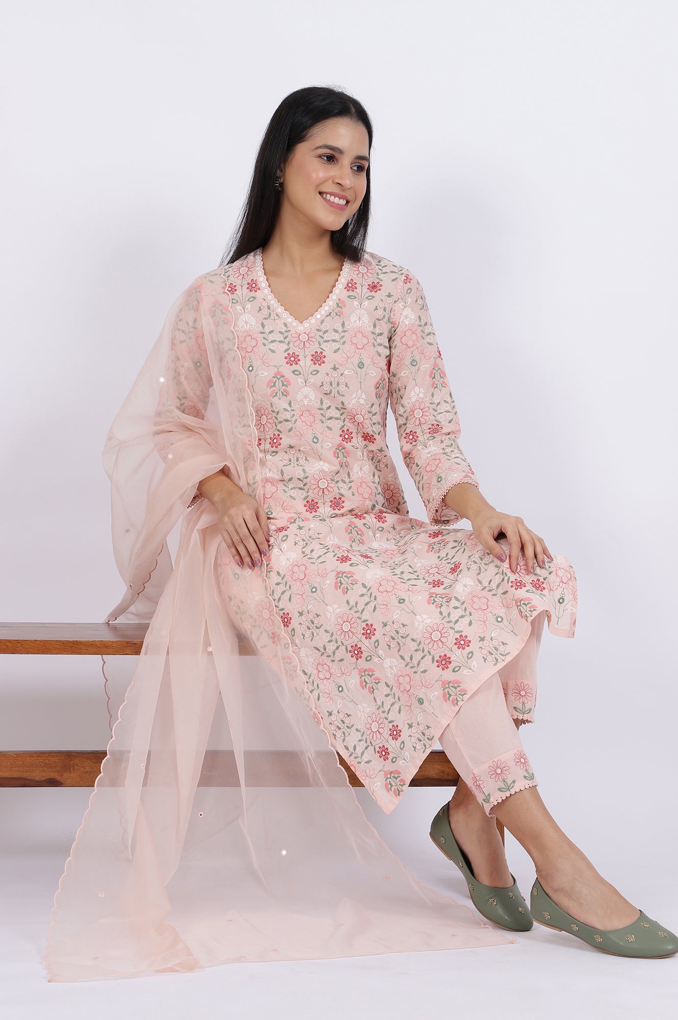 Pink Embroidered Lace Pure Cotton Straight Kurta & Straight Pant With Dupatta Set