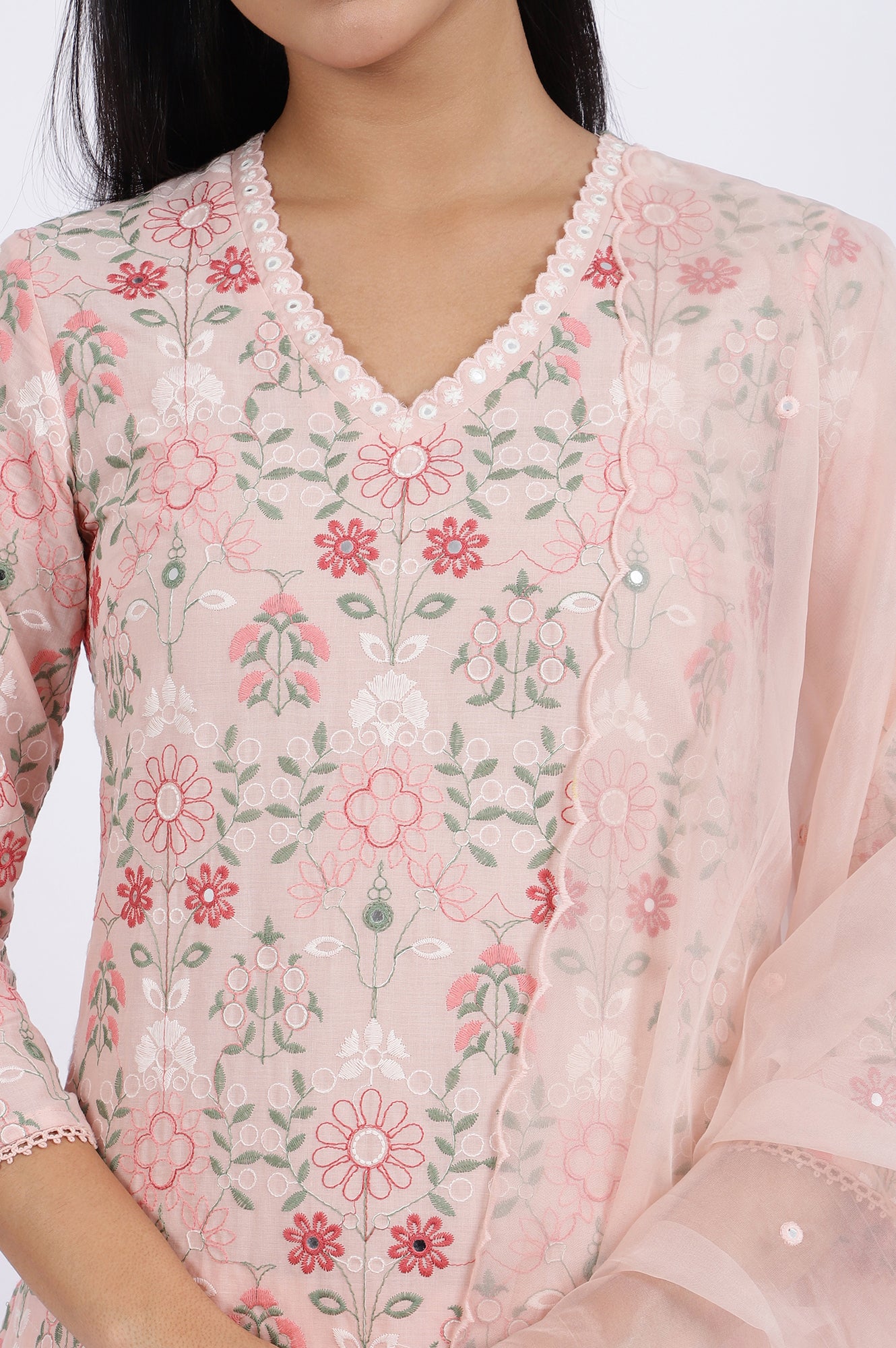 Pink Embroidered Lace Pure Cotton Straight Kurta & Straight Pant With Dupatta Set