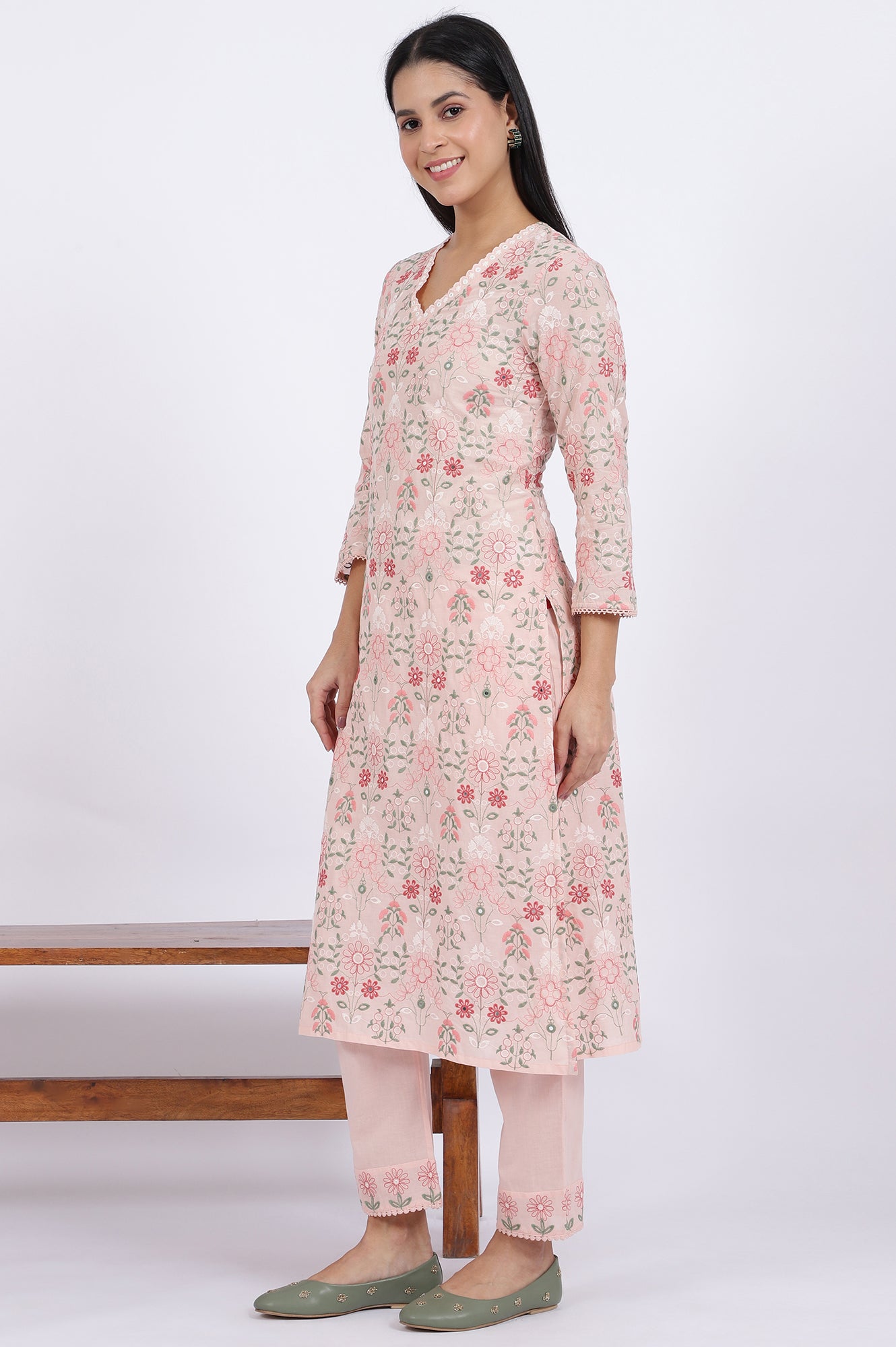 Pink Embroidered Lace Pure Cotton Straight Kurta & Straight Pant With Dupatta Set