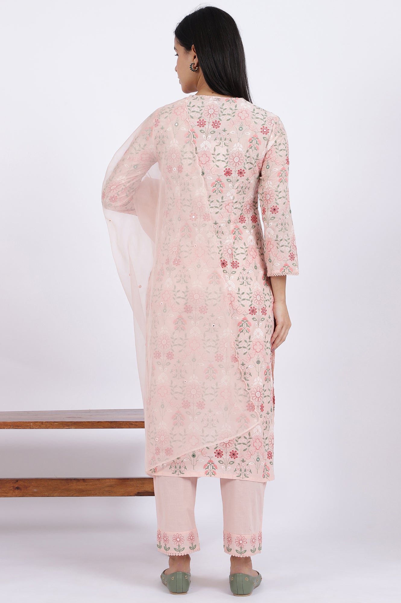 Pink Embroidered Lace Pure Cotton Straight Kurta & Straight Pant With Dupatta Set
