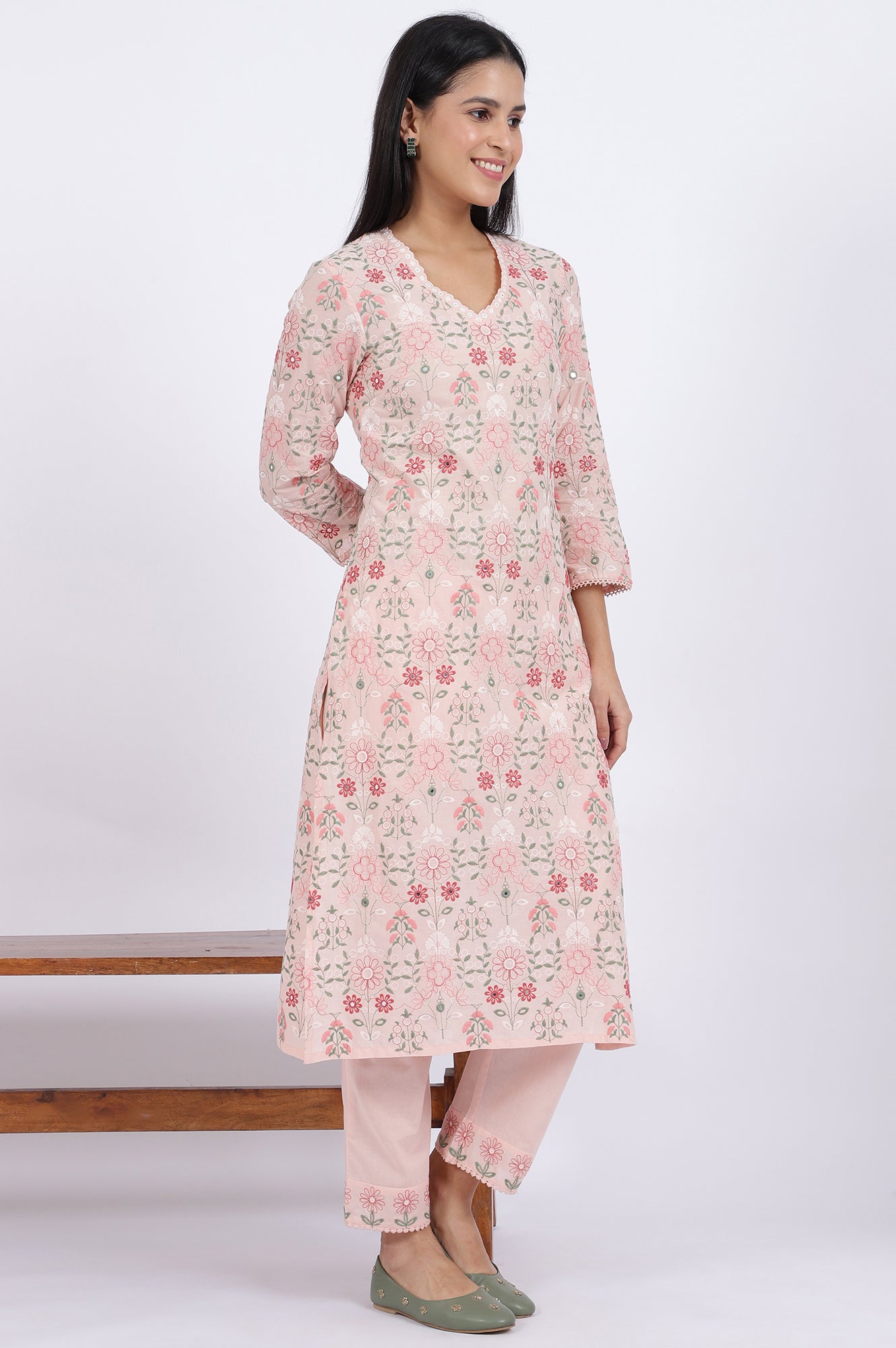 Pink Embroidered Lace Pure Cotton Straight Kurta & Straight Pant With Dupatta Set