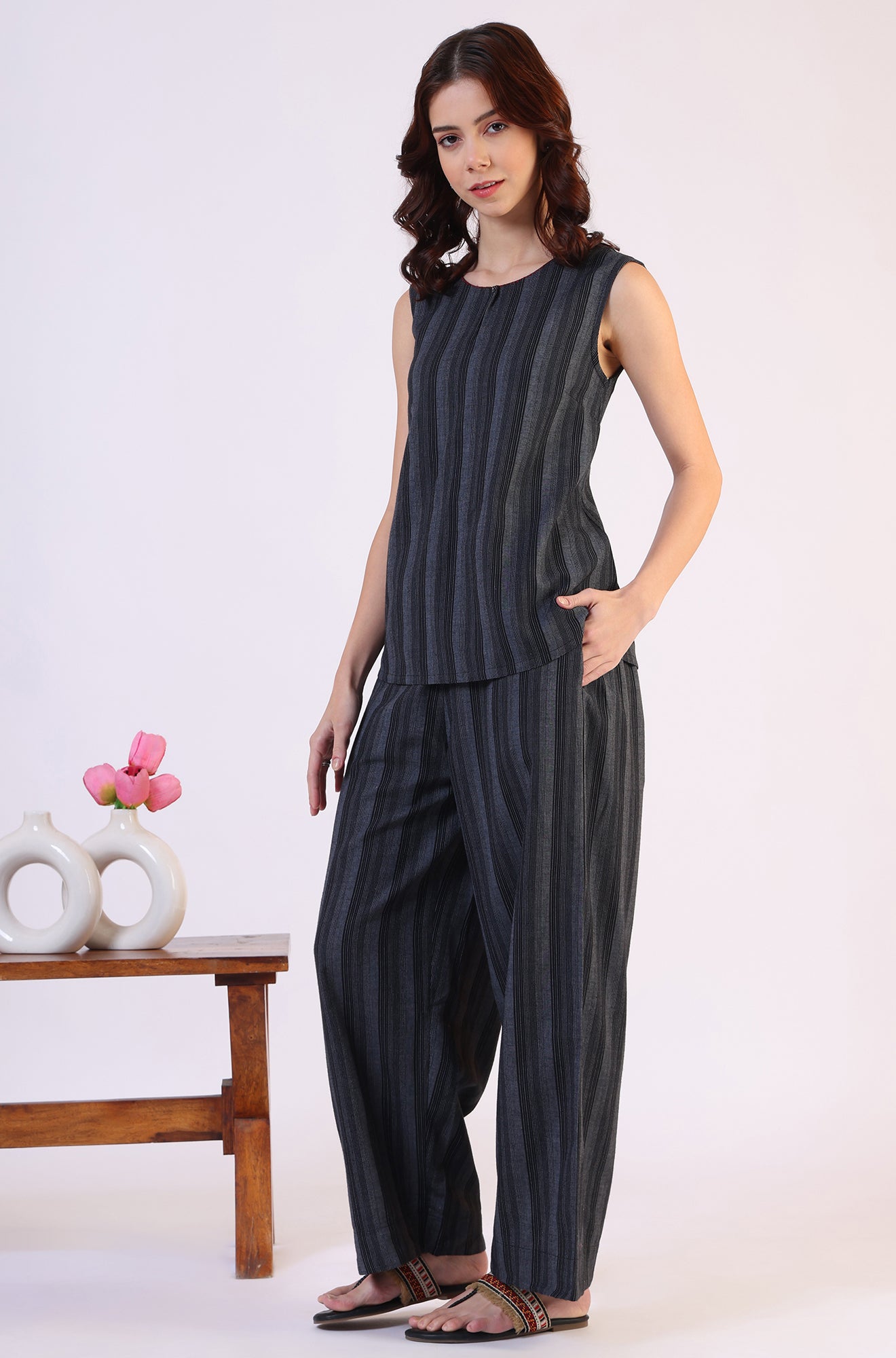 Black Yarn Dyed Striped Sleeveless Top and Pants Co-ord Set