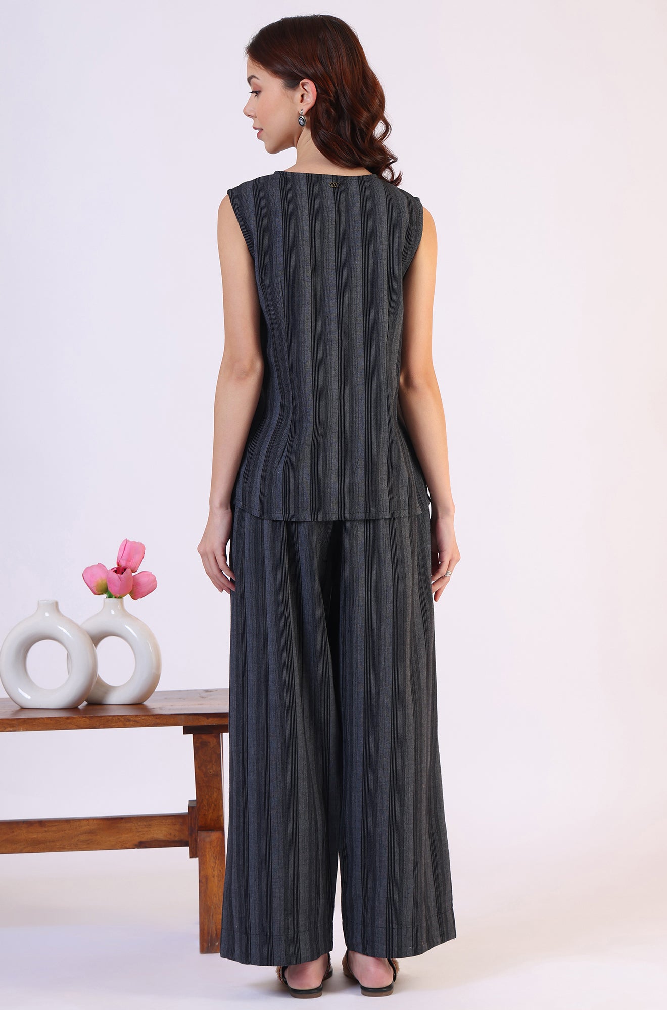 Black Yarn Dyed Striped Sleeveless Top and Pants Co-ord Set