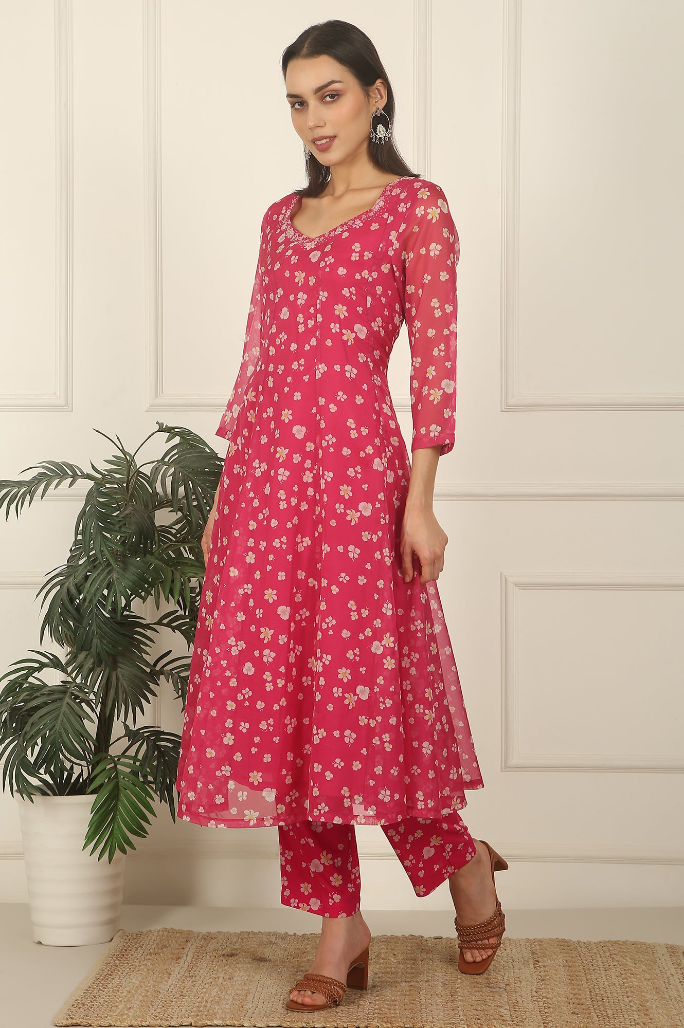 Pink Floral Printed Organza Anarkali Kurta, Pants and Dupatta Set