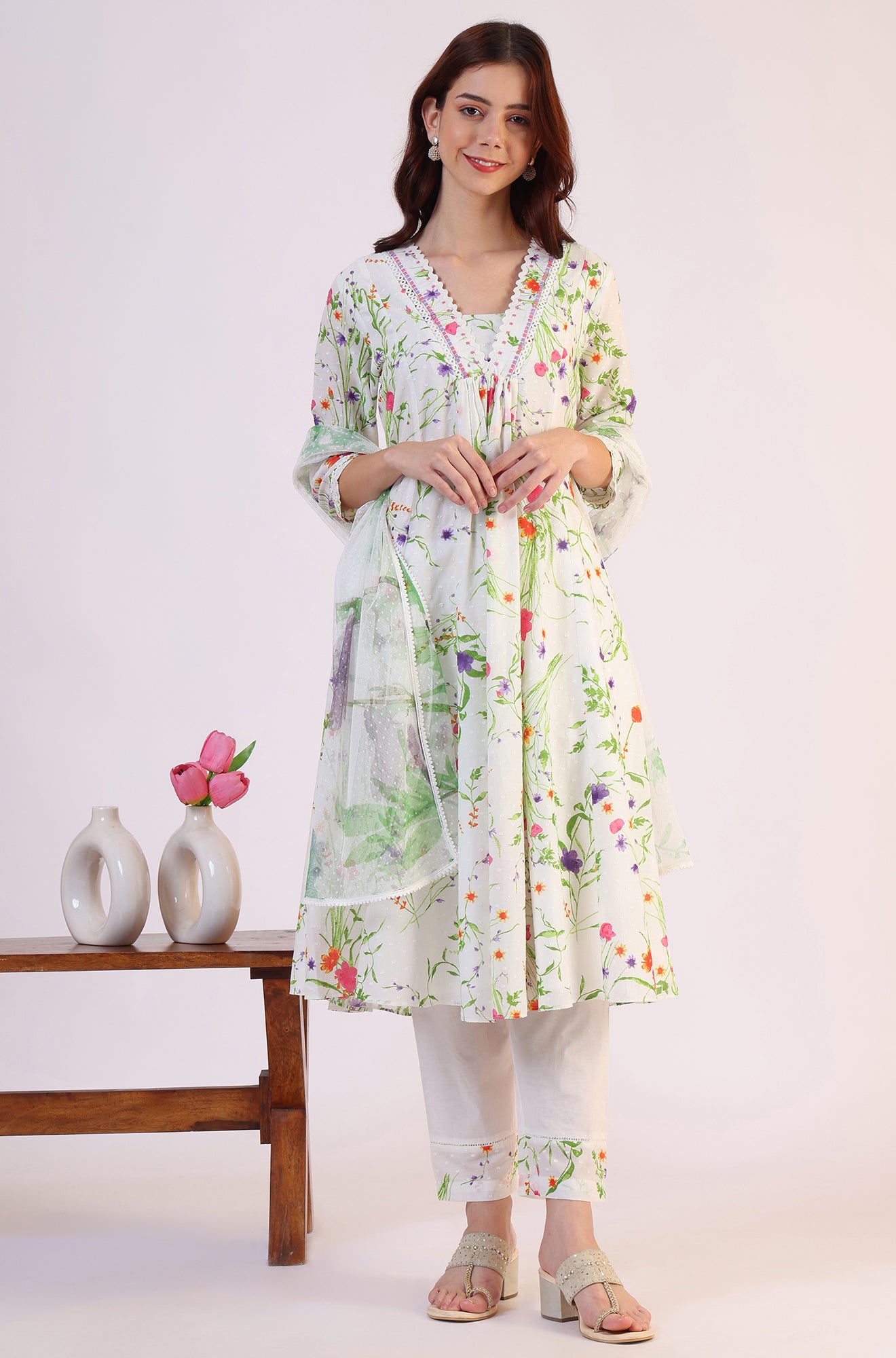 White Floral Printed Swiss Dot Textured Anarkali Kurta, Straight Pants and Dupatta Set