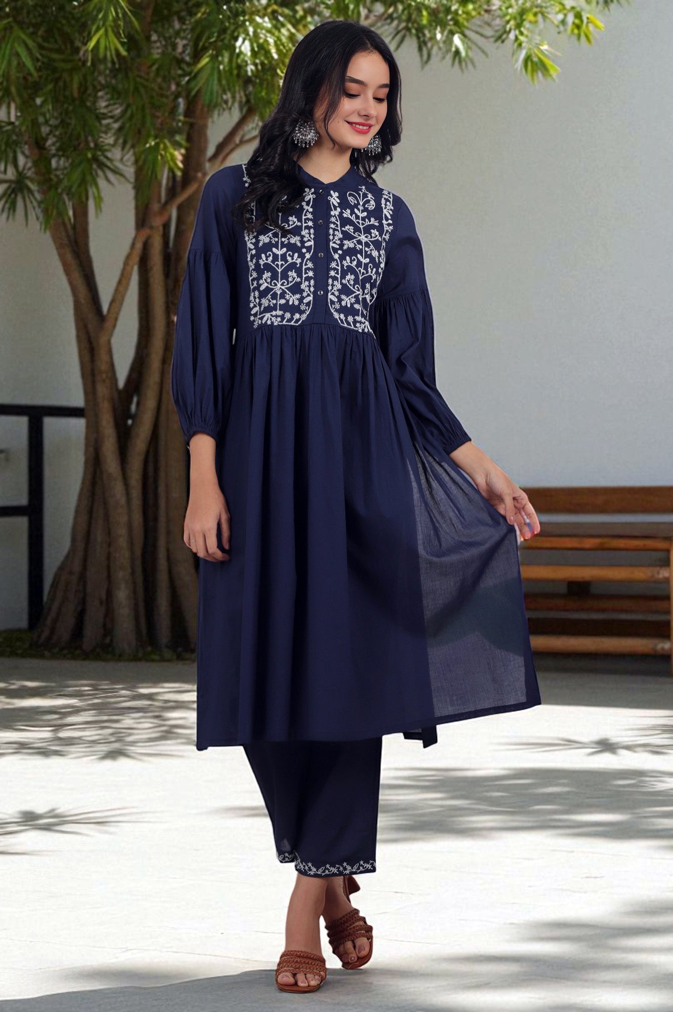 Embroidery Navy Blue Kurti Matching Leggings Navy Blue Embroidered