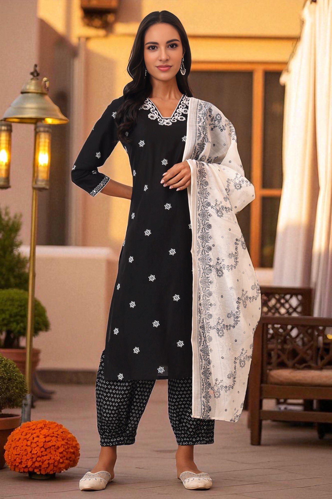 Black Bandhani Printed Pure Cotton Kurta, Pants and Dupatta Set XS