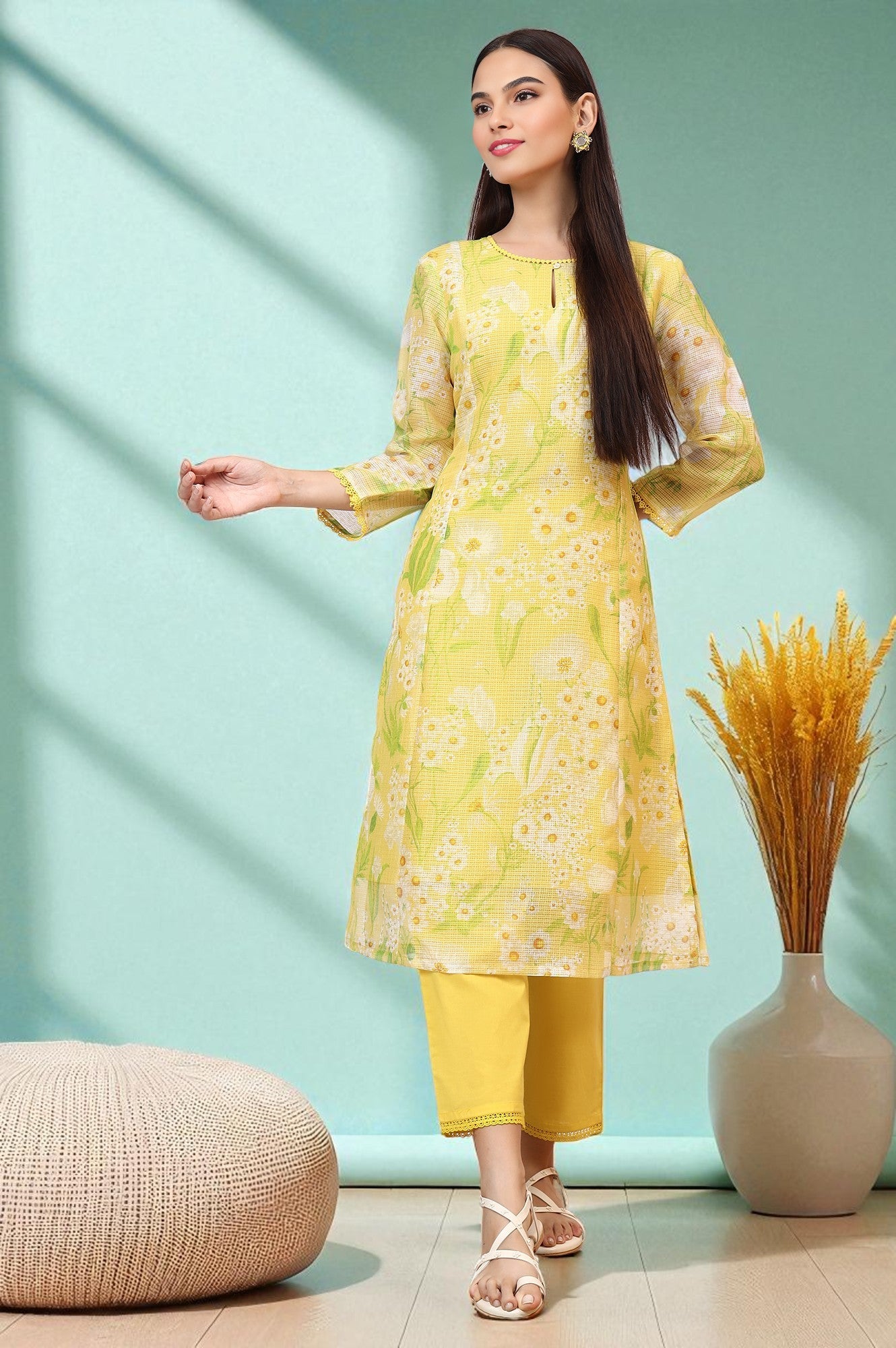Yellow Floral All-Over Print Sequined Straight Kota Kurta