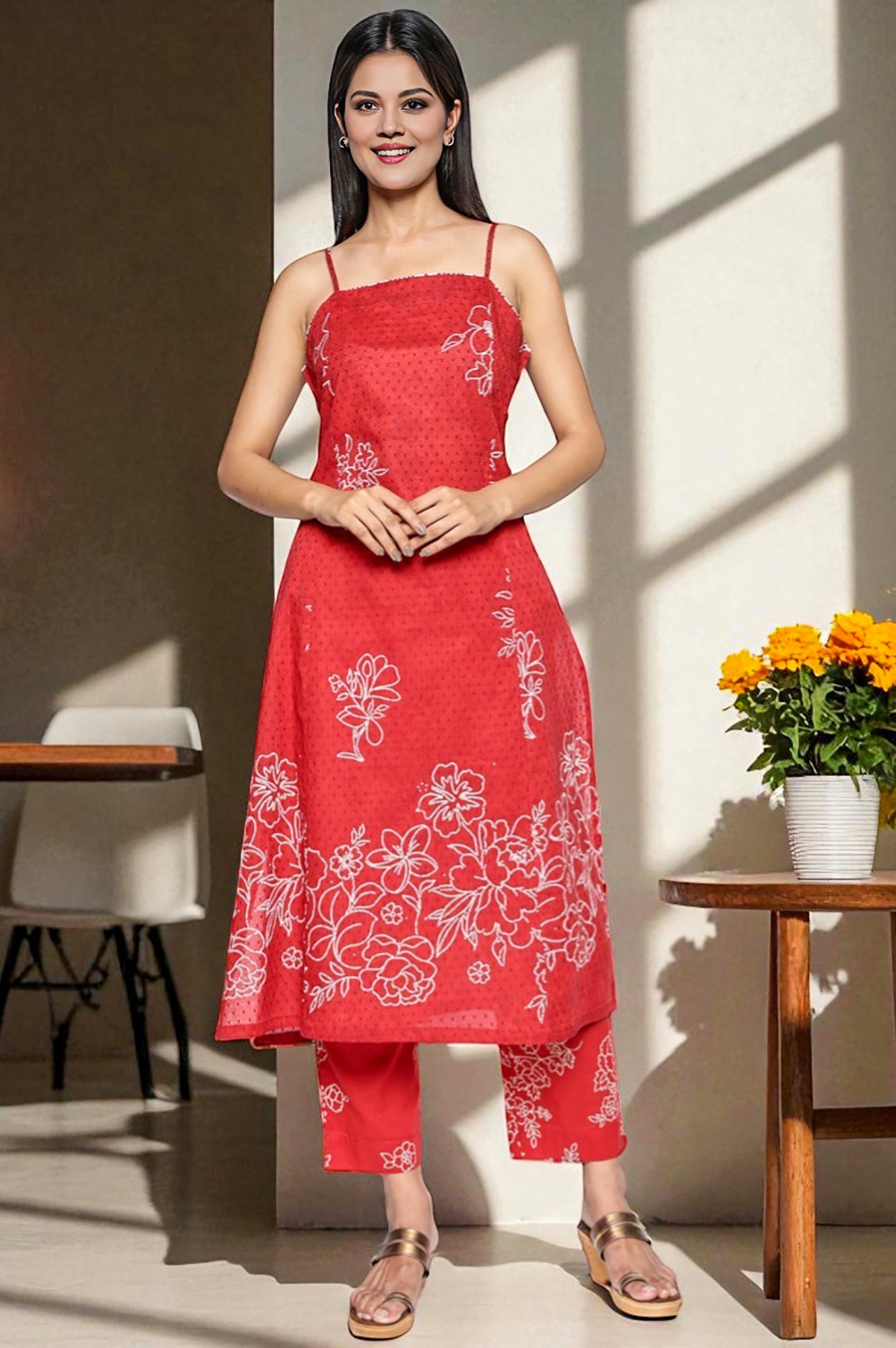 Rust Red A-Line Kurta Pant Set with Dupatta main image 0