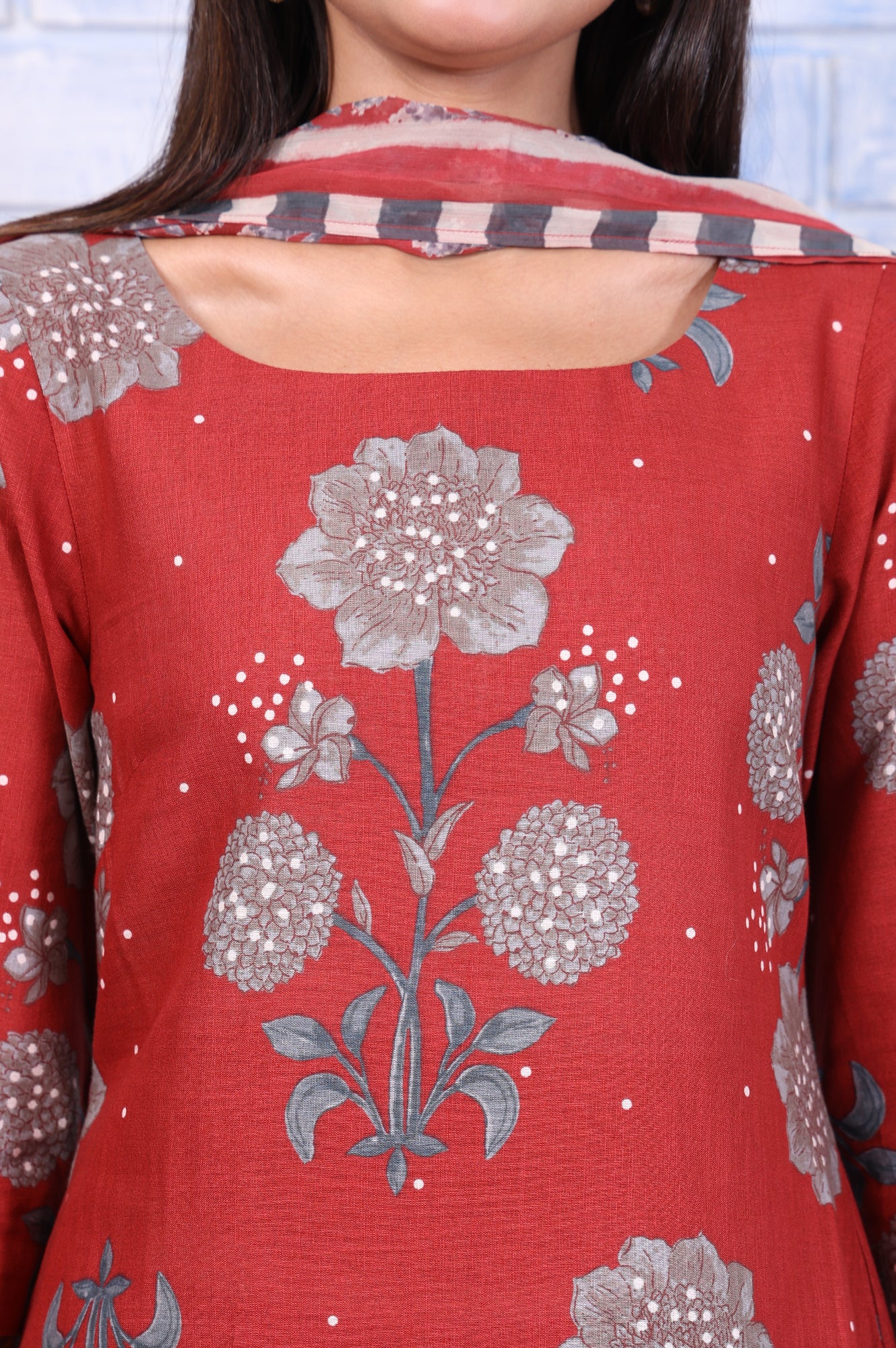 Red Floral Printed Pure Cotton A-Line Kurta, Straight Pant And Dupatta Set