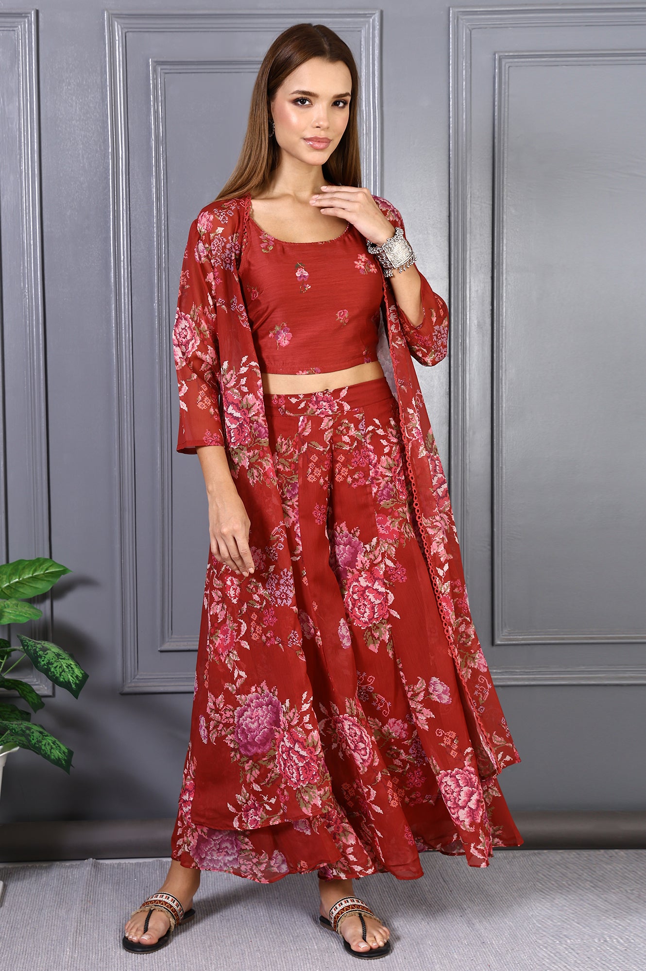 Red Floral Printed Lace Chiffon Crop Spaghetti Top, Jacket and Flared Pants Set