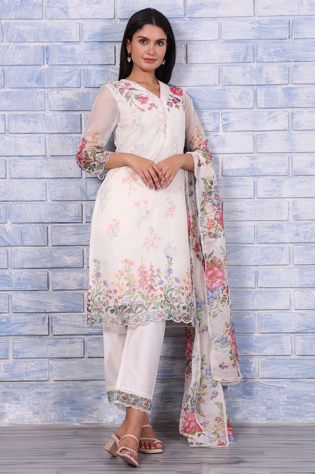 White Floral Printed Beads Organza Straight Kurta, Straight Pant And Dupatta Set