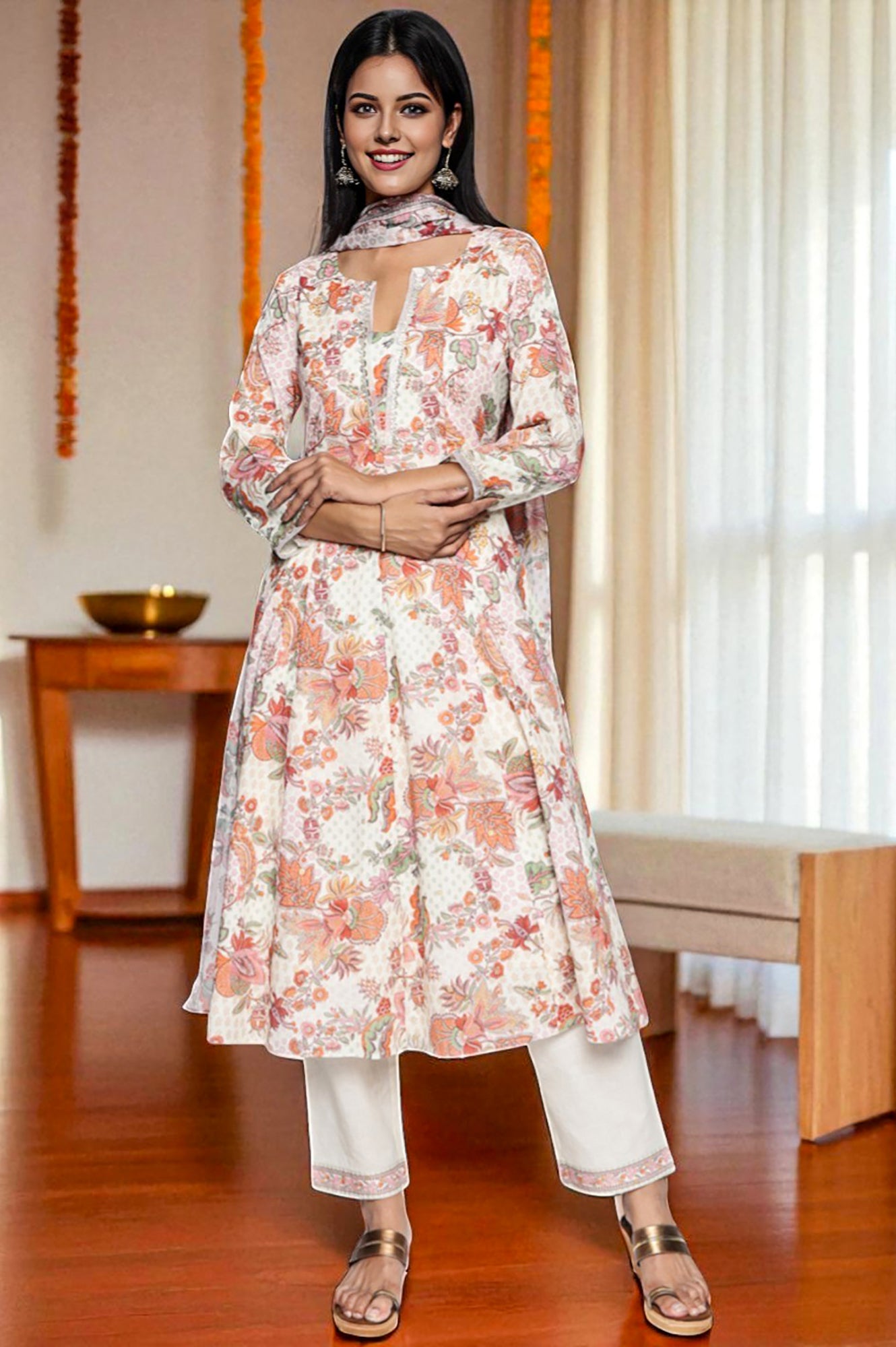 Women White Printed Pure Cotton A-Line Kurta Sets