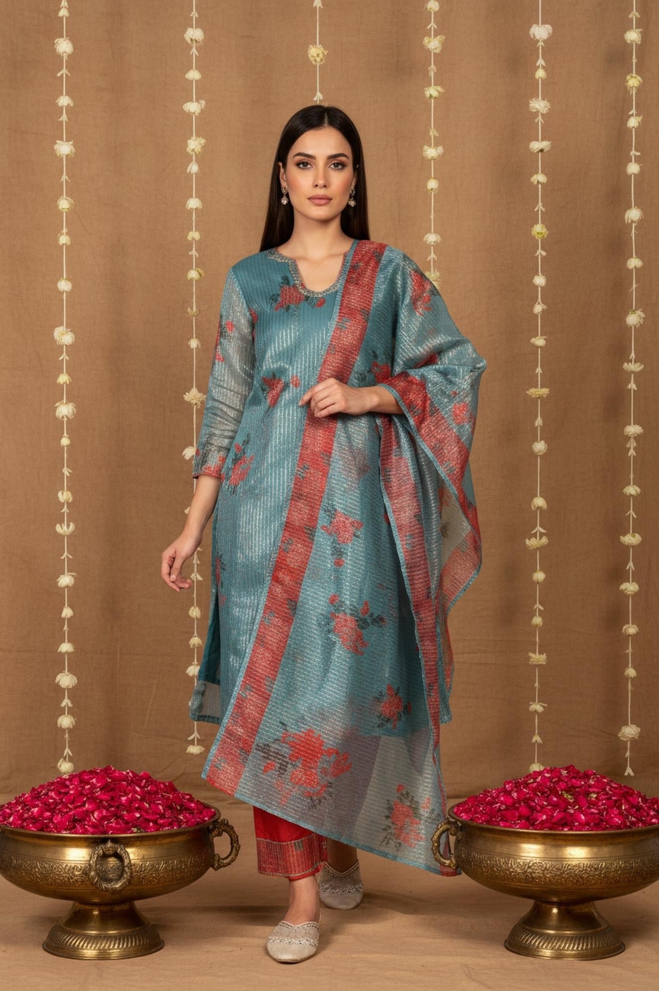 Teal Floral Printed Embellished Straight Silk Kurta main image 1