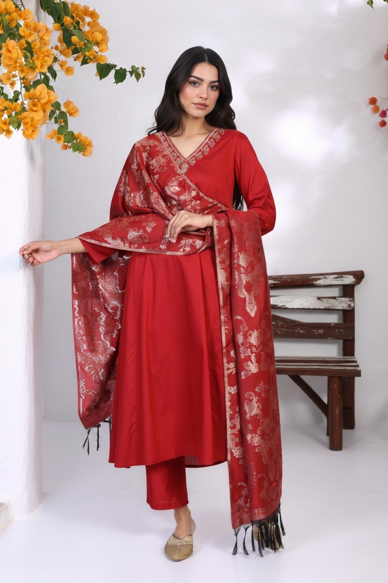 RFSS1420 - muslin floral print embroided kurta with tulip pants and dupatta
