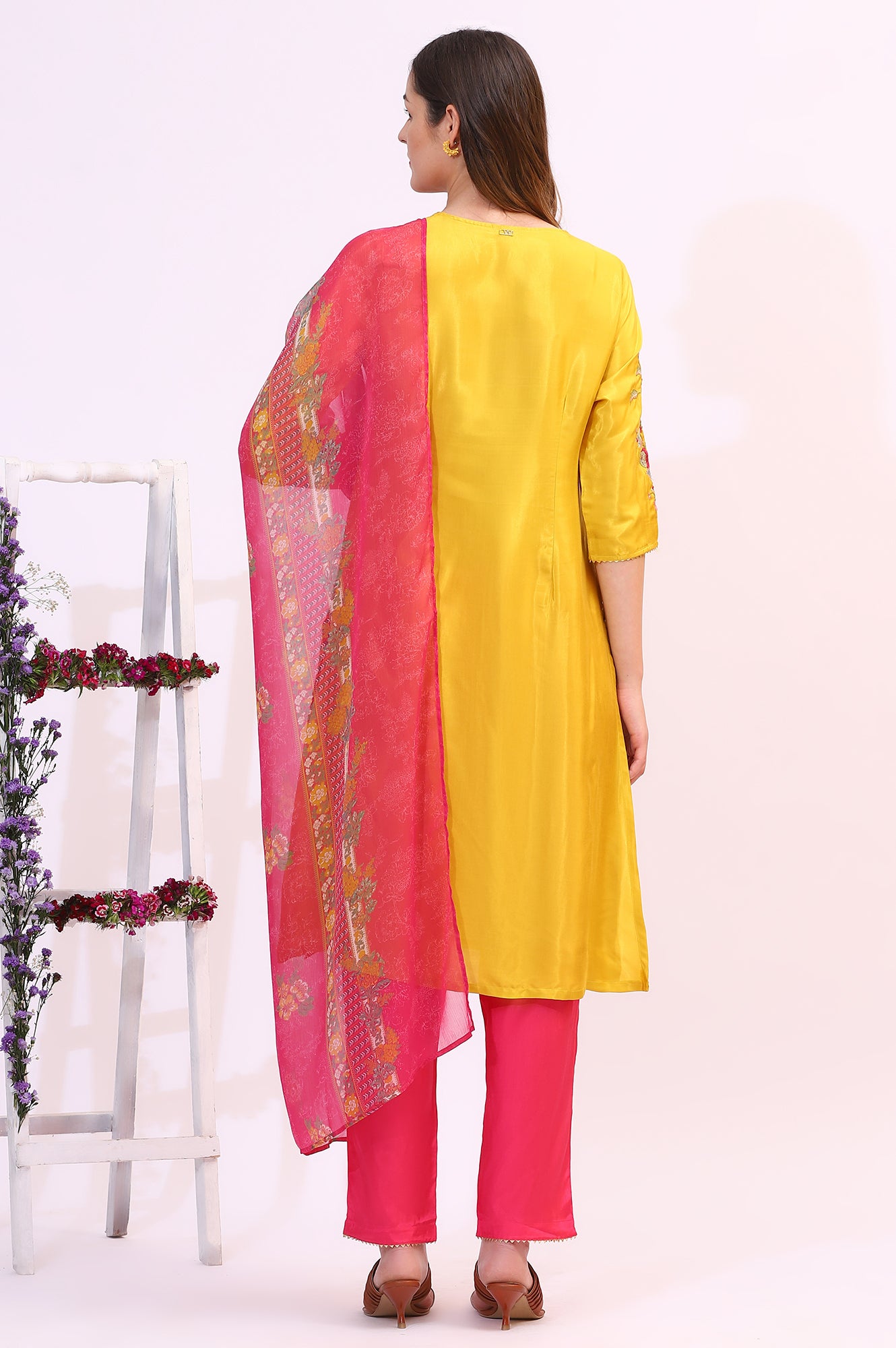 Yellow Embroidered Shantung Kurta, Pants and Dupatta Set